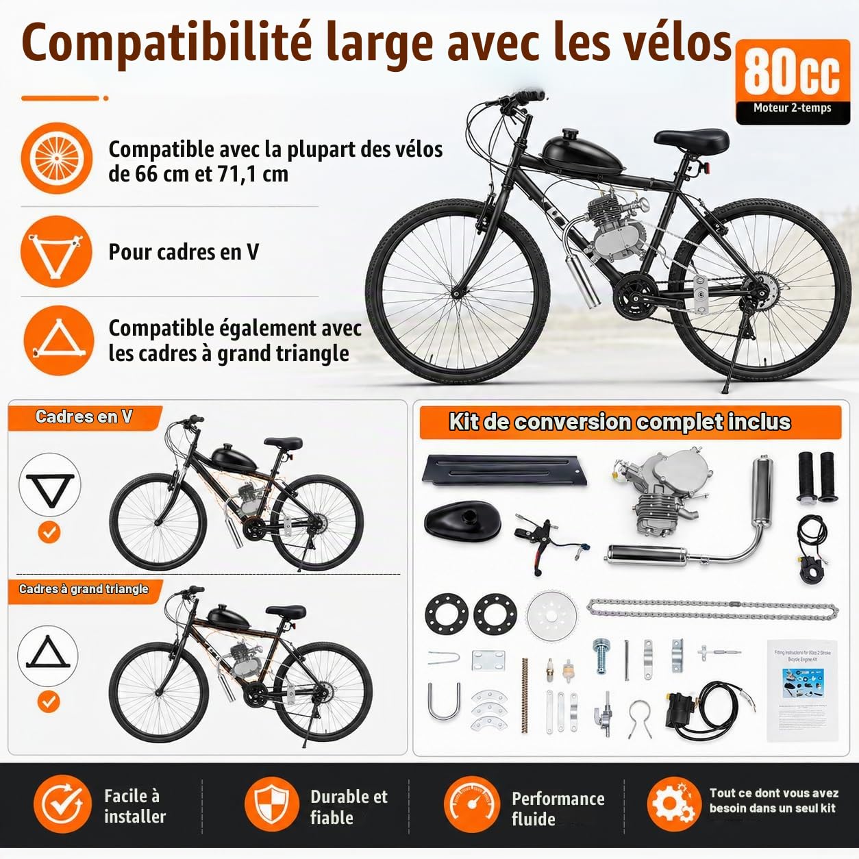 2 Temps Kit Moteur Velo,80CC Kit Moteur de Vélo,Capacité Charge Maximale180kg Silencieux 75dB,Convient à Vélos de Montagne de 26 ou 28 Pouces, Vélos de Route
