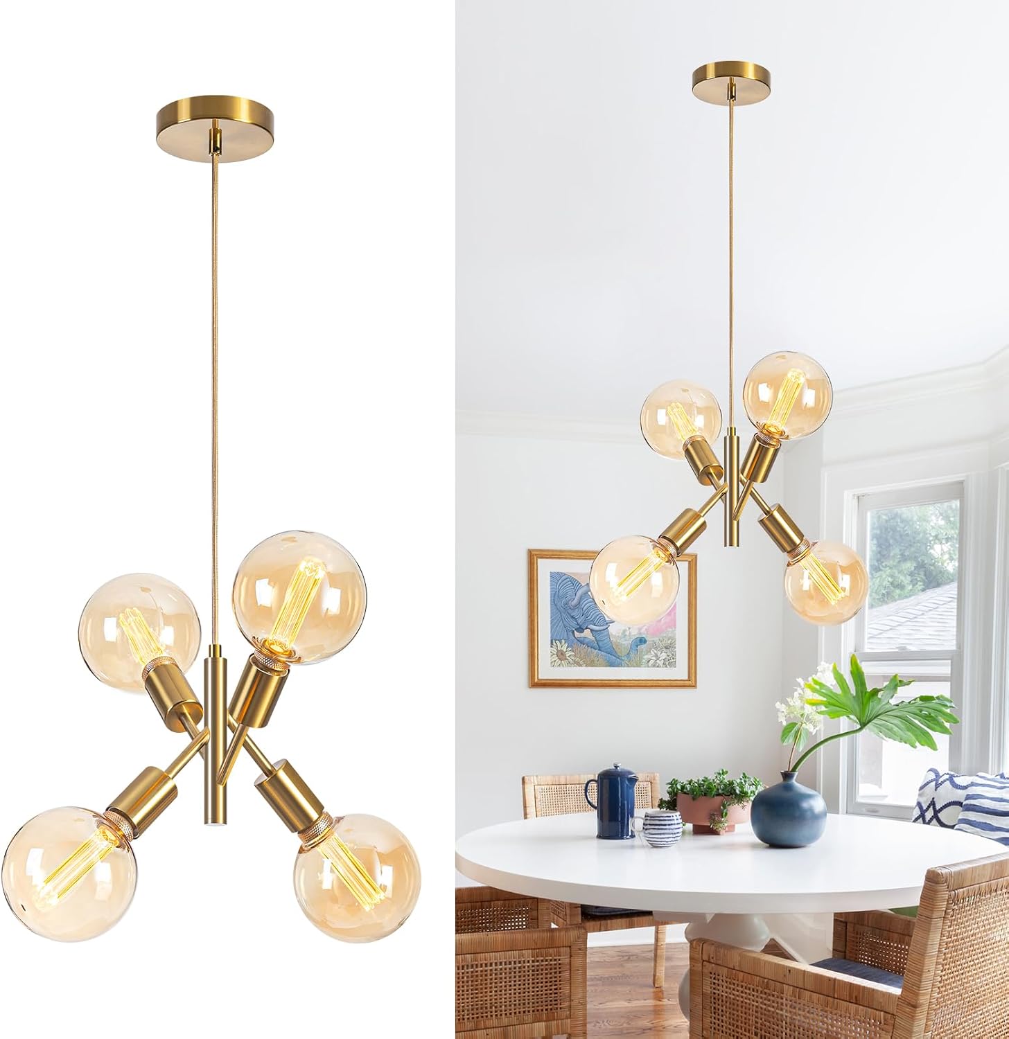 4-Lights Gold Chandelier Fixture Dining Room Light Fixture Over Table Mid Century Modern Chandelier Gold Sputnik Chandelier for Dining Room Living Room, Bedroom, Kitchen