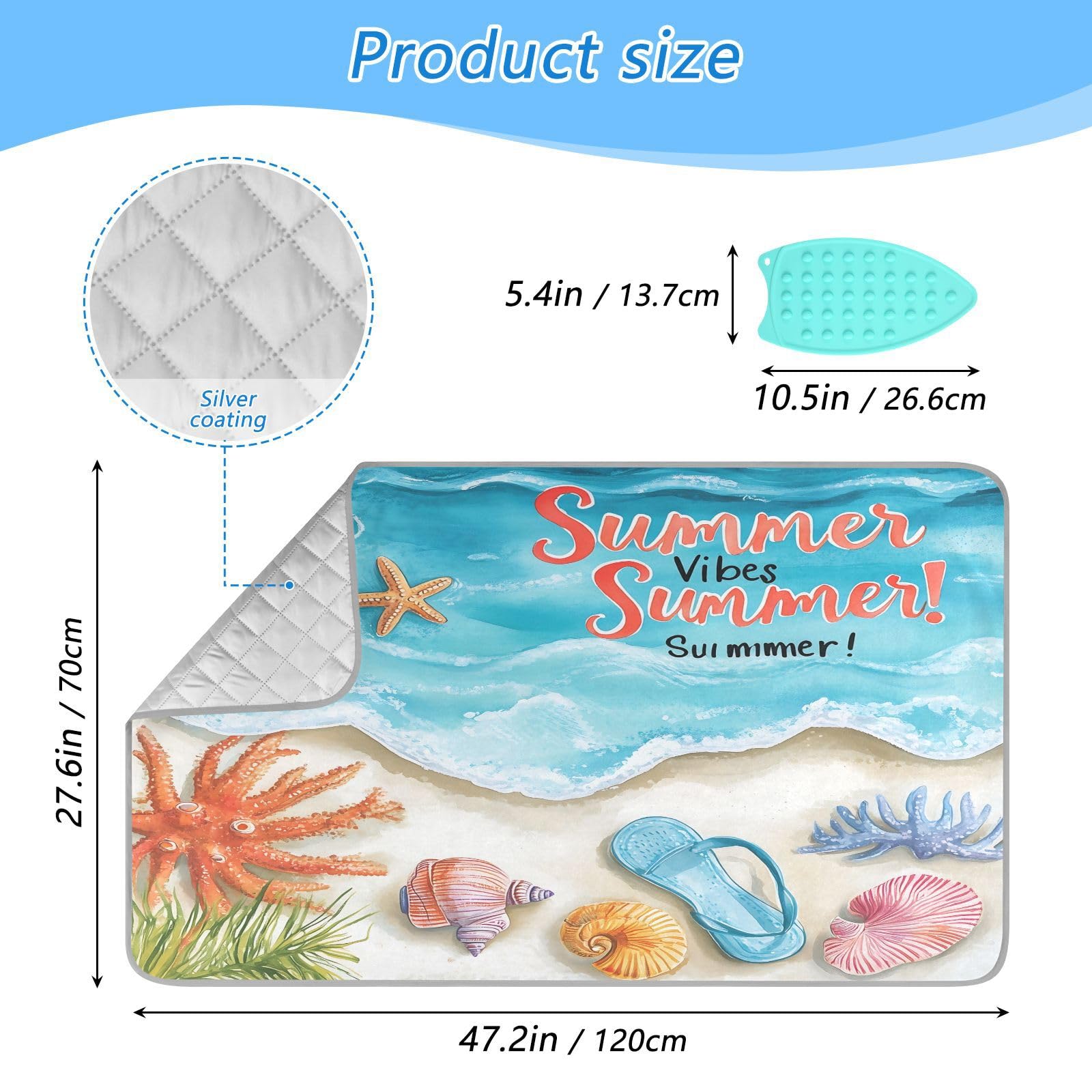 pnyoin Portable Ironing Mat Watercolor Summer Beach Travel Ironing Pad with Silicone Iron Rest for Steam Pressing on Tabletop or Bed Heat Resistant Portable Quilting & Travel Blanket
