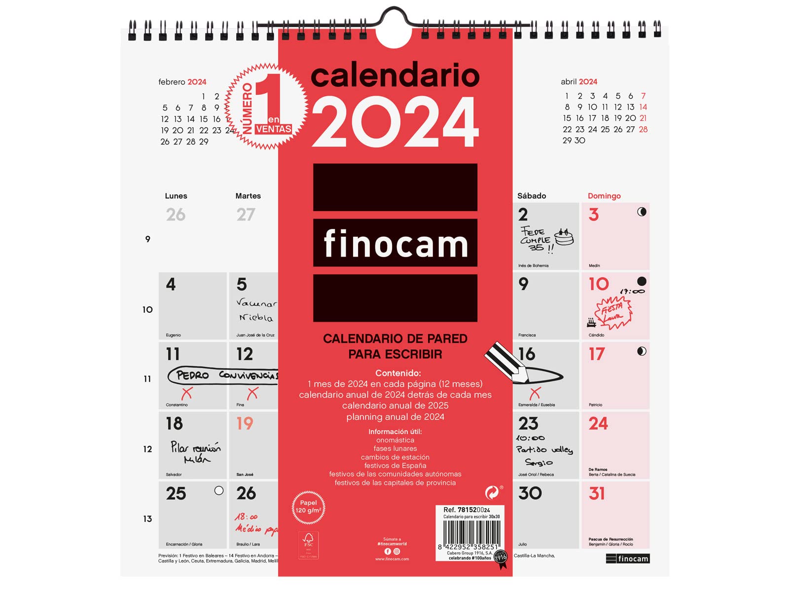 Finocam2024 Neutral Wall Calendar to Write January 2024 - December 2024 (12 months) Spanish