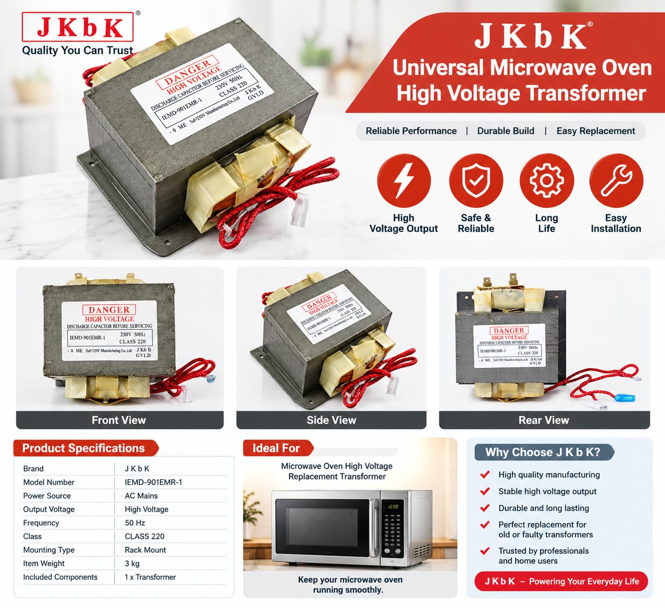 J K b K Universal Microwave Oven Transformer Fits for Most of The Microwaves (Silver) — Amazon image 2
