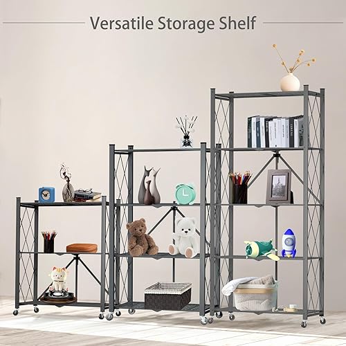Miniatura 4 de Yuanjimi Estante de almacenamiento plegable de 3 niveles con ruedas, unidad de estantería de garaje resistente que carga 550 libras, estantes