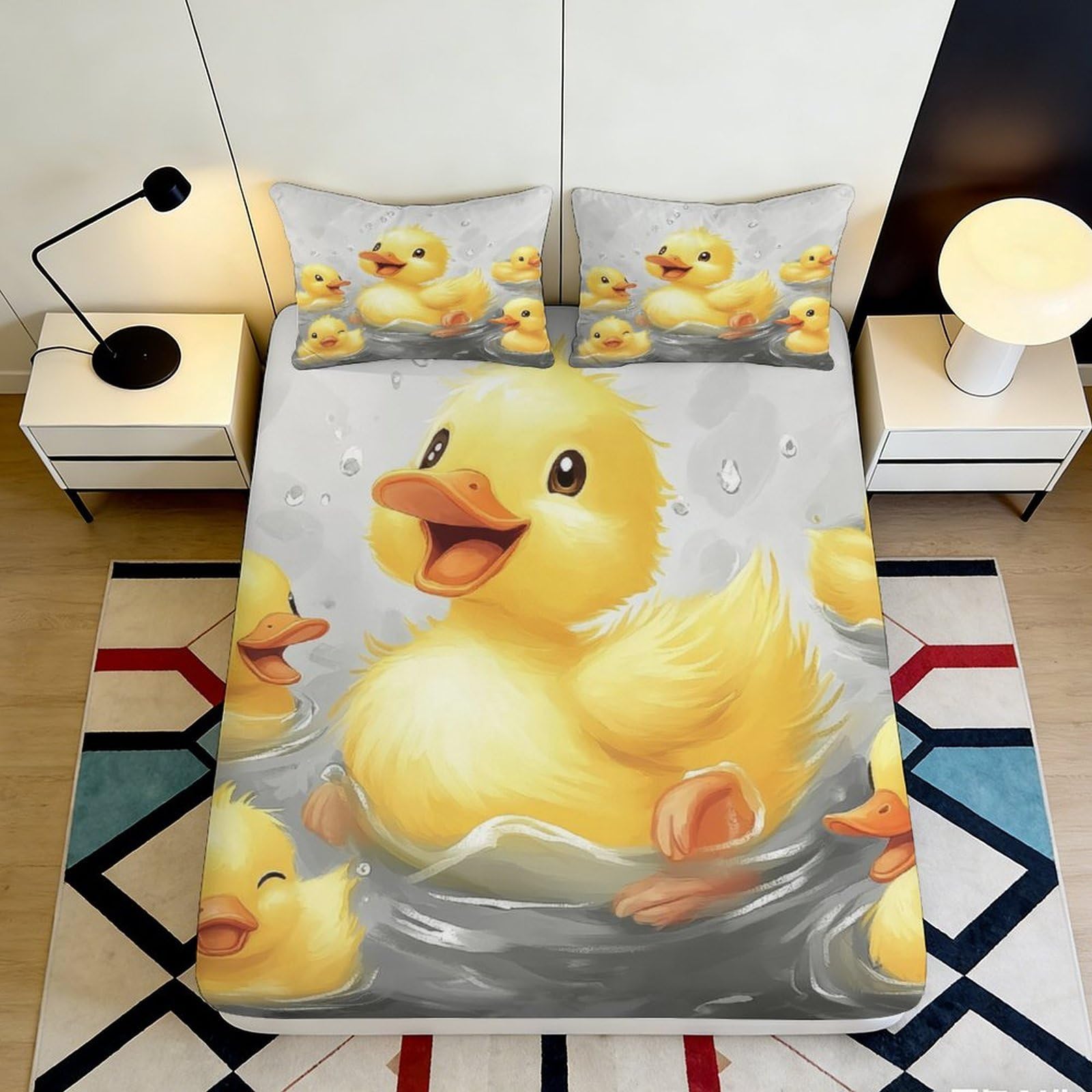 3D Printed Yellow Duck Cartoon Fitted Sheet Microfiber Soft Anti-Slip Mattress Cover for Bedroom Dorm Home Decor 160x200x25cm