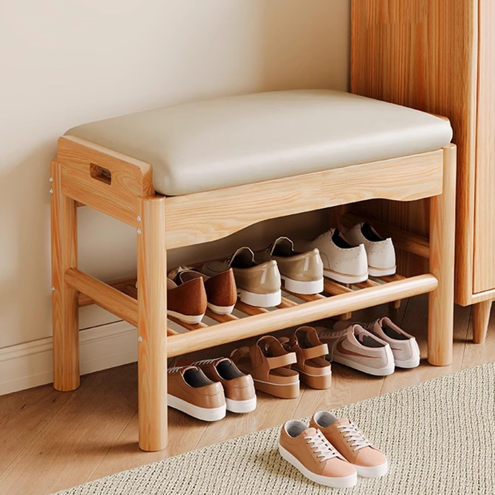Banc d'entrée en bois pour appartement et couloir avec assise confort
