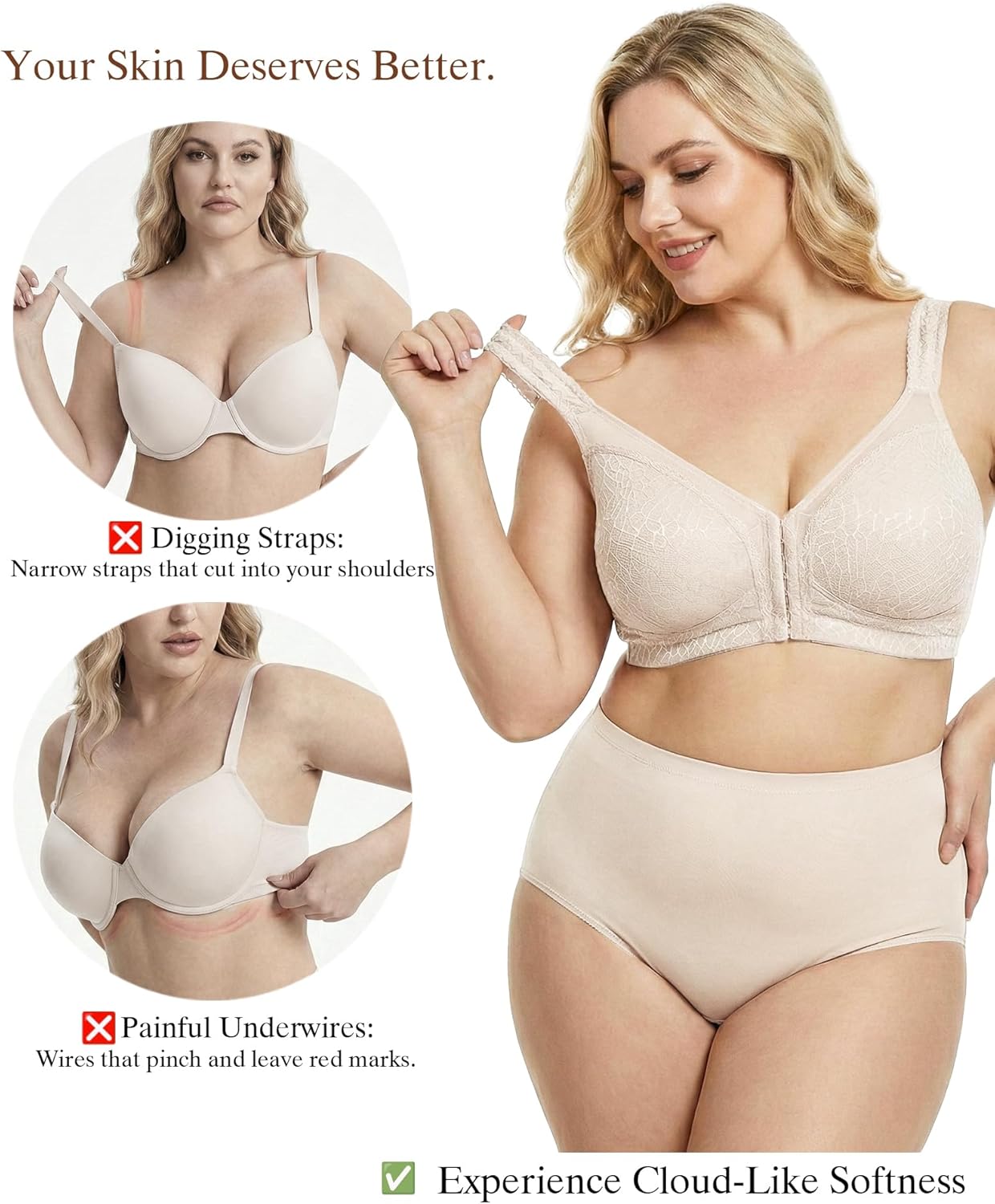 HACI Women's Front Closure Posture Bra Full Coverage Back Support Wirefree Unpadded