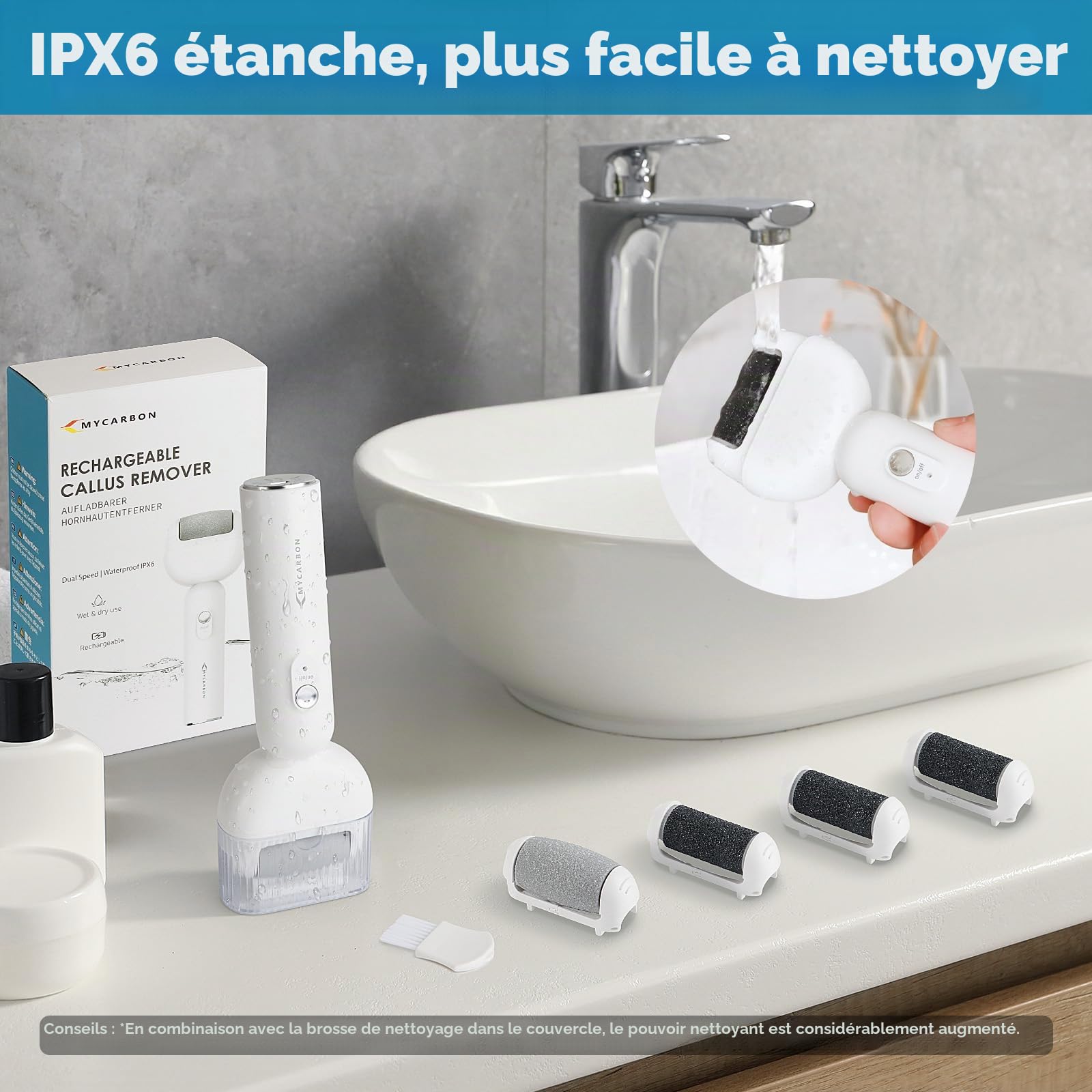 MYCARBON Rapeuse Pieds Électrique Puissante avec 5 Rouleaux de Rechange IPX6 Étanche Ponceuse Pied Pédicure Professionel Sans Fil Râpe Pied Rechargeable Soins Pieds Anti Callosités et Corne, BCM-8003