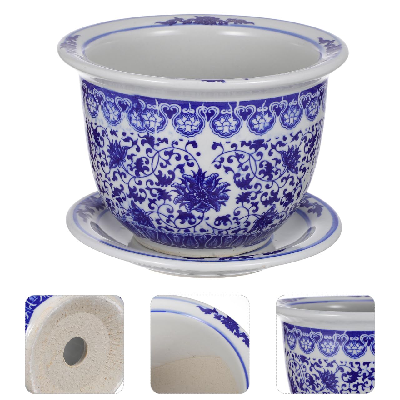 VANZACK Blau-weißer Blumentopf aus Keramik, chinesische Blumentöpfe aus Keramik mit Tablett, dekorativer Blumentopf für drinnen und draußen, Schreibtisch, Garten, Balkon