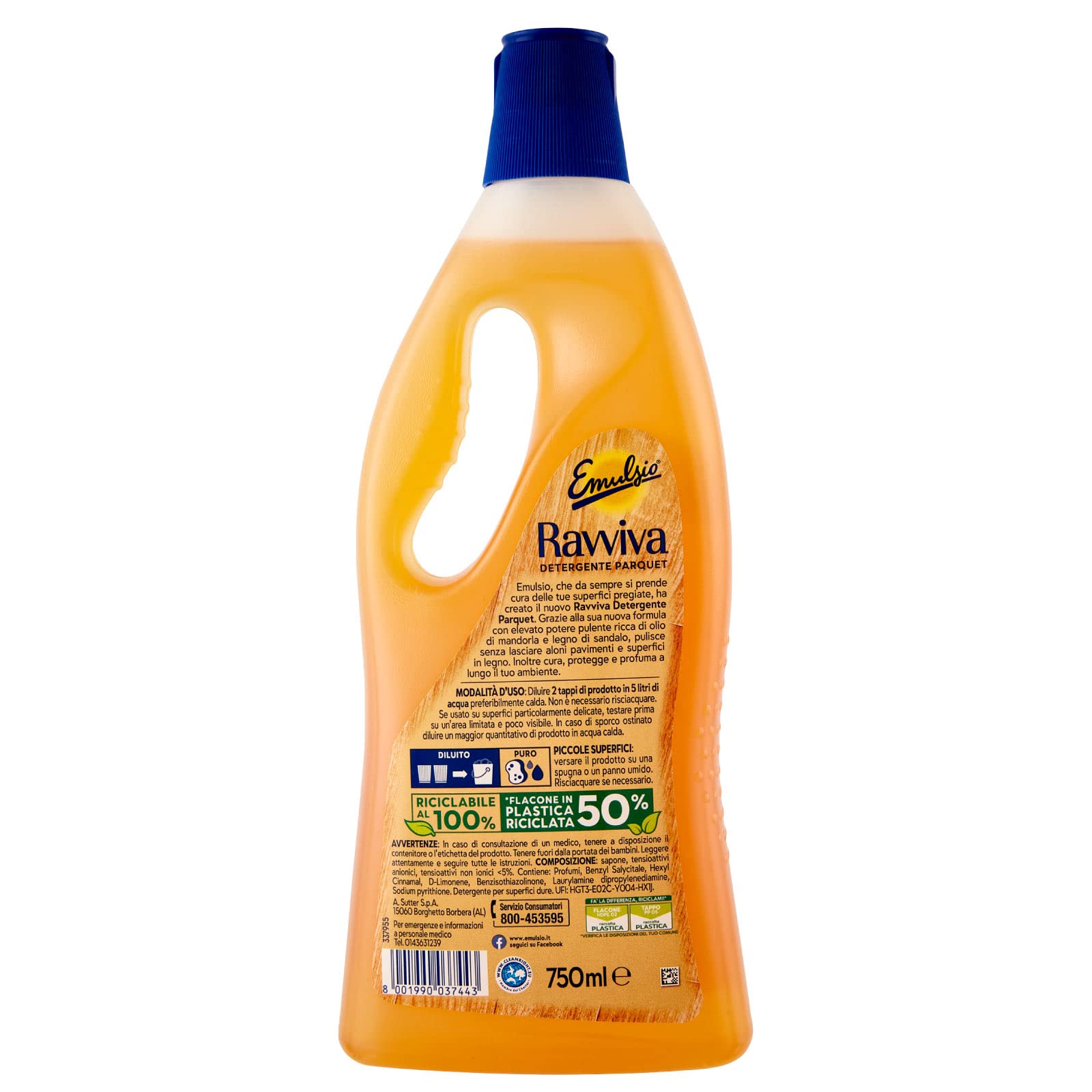 Emulsio Ravviva Parquet Detergente per Pavimenti in Legno Formula con Olio di Mandorla Estratti di Legno di Sandalo Elevato Potere Pulente Azione Protettiva Profumo Lunga Durata - 12 Flaconi da 750ml