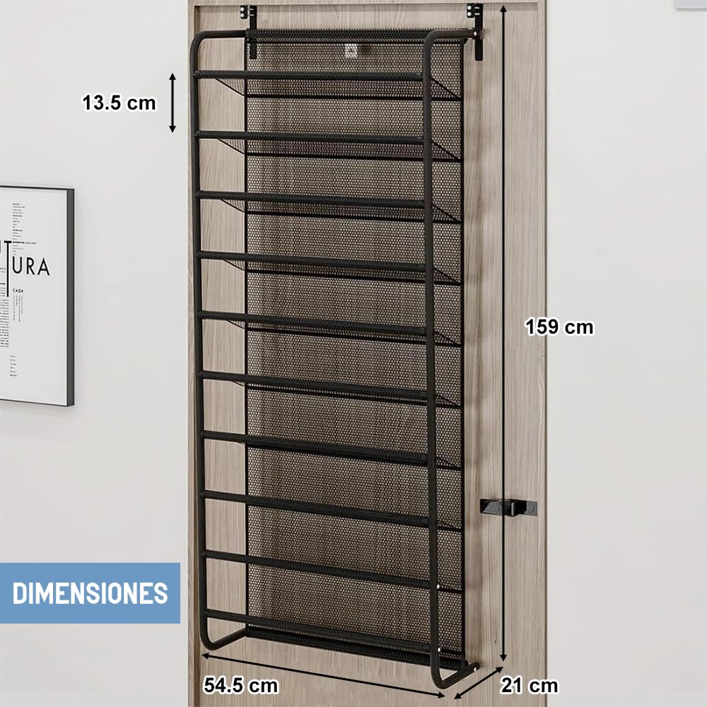 Organizador de Zapatos Colgante para Puerta de 10 Niveles, Negro, Marco de Acero con Malla, 54.5x21x159cm, Ahorro de Espacio, Multiusos (Negro, 54x21x159 CM)