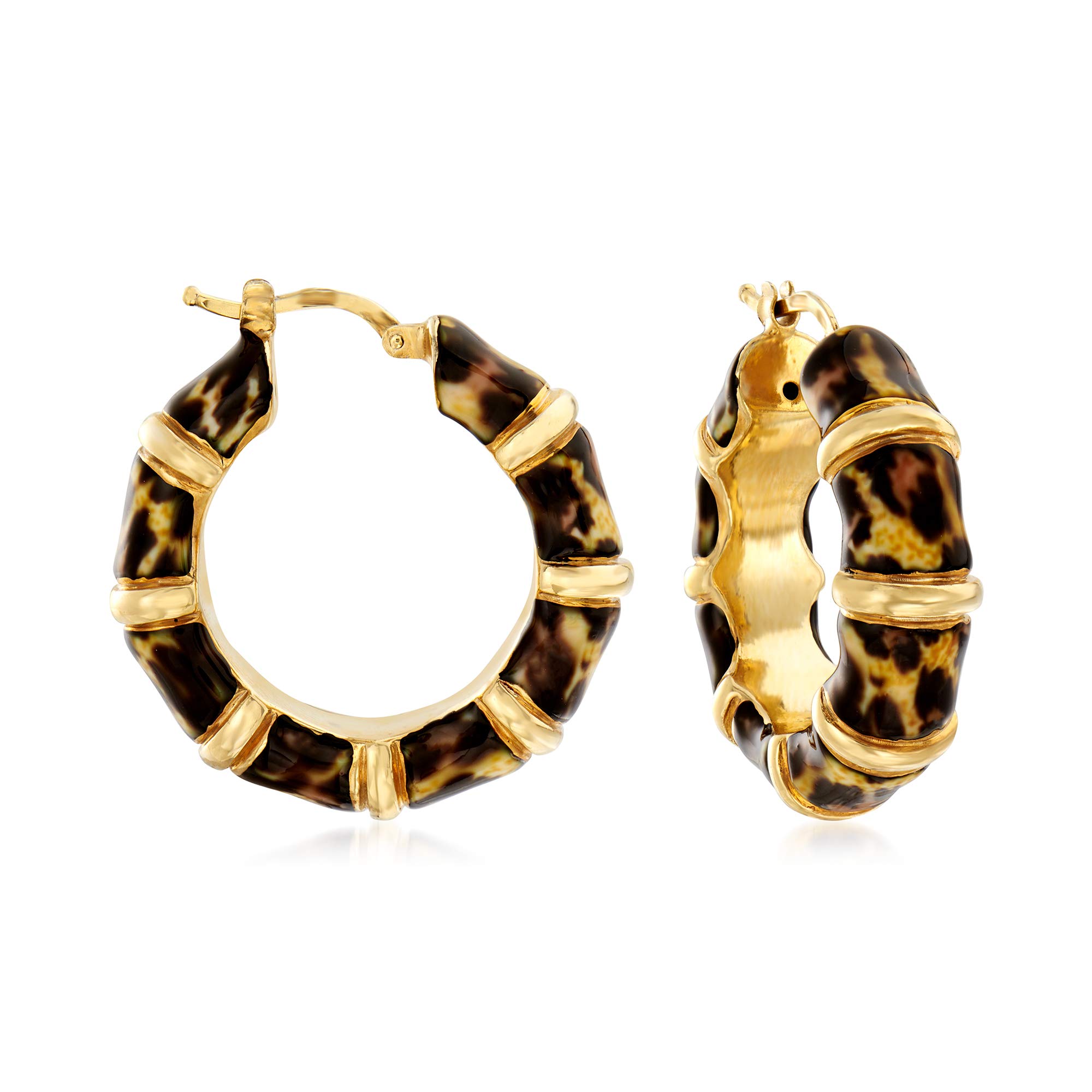 Ross-Simons Italian Leopard-Print Enamel Bamboo-Style Hoop Earrings in 18kt Gold Over Sterling