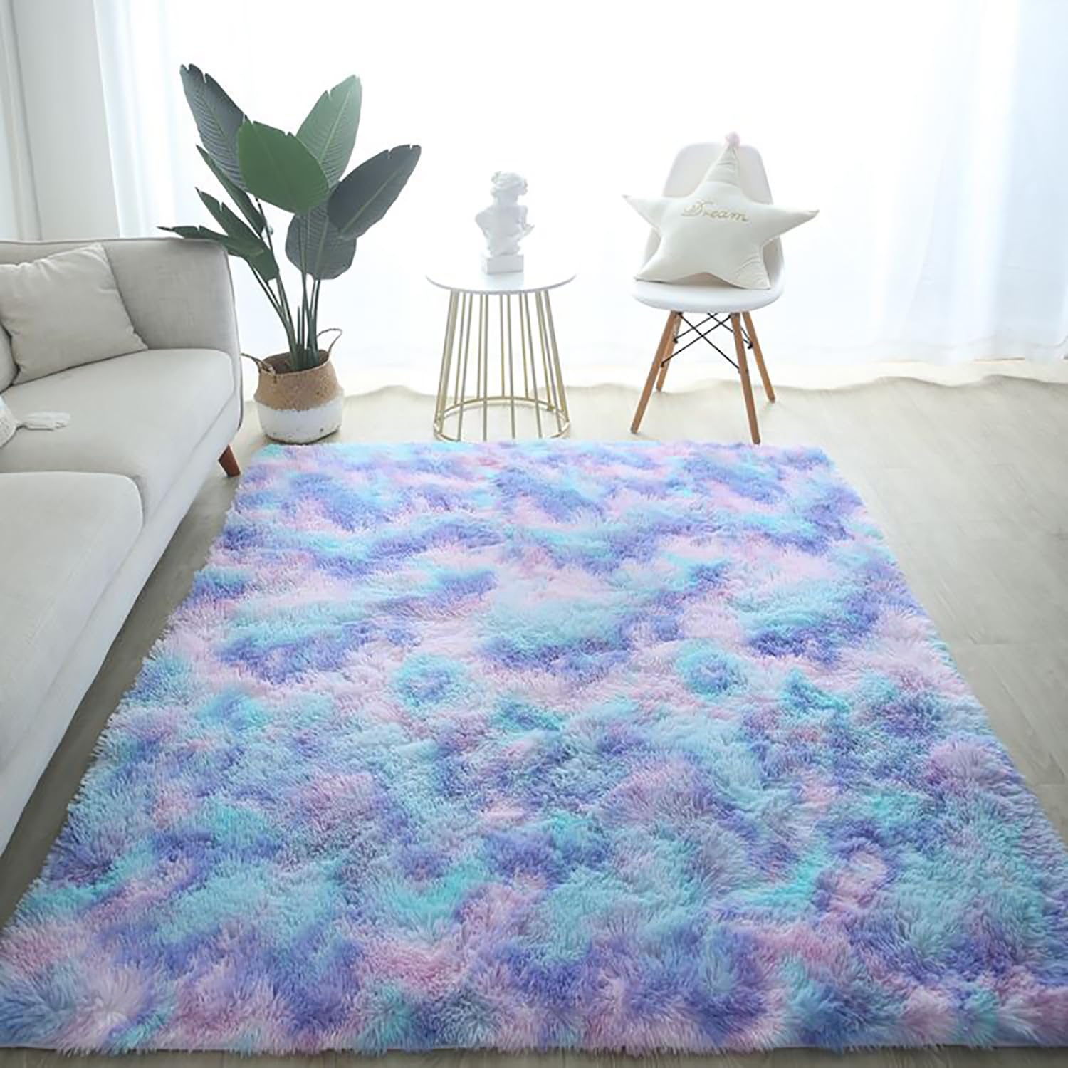 Tappeti morbidi a pelo lungo con tintura tie-dye per camera da letto e soggiorno, tappeto colorato e soffice, piccolo e grande, blu e viola, 120 x 160 cm