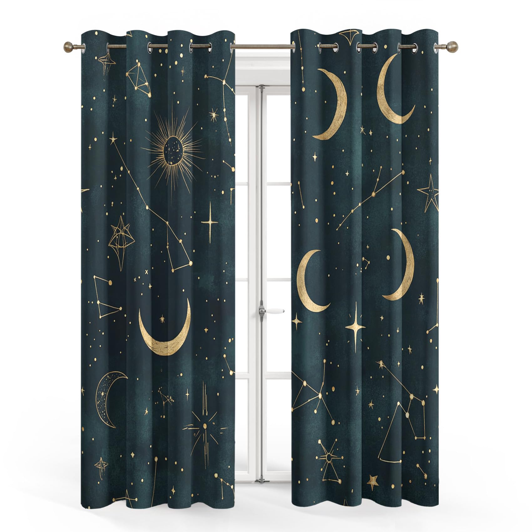 Generisch Vorhang Sterne Mond Blickdicht, Vorhänge Witchy Sternbilder, Fenster Gardinen Schlafzimmer Wohnzimmer, Verdunklungsvorhänge mit ösen, Thermovorhang, 2er Set Curtains, H 175 x B 140 cm Uj55