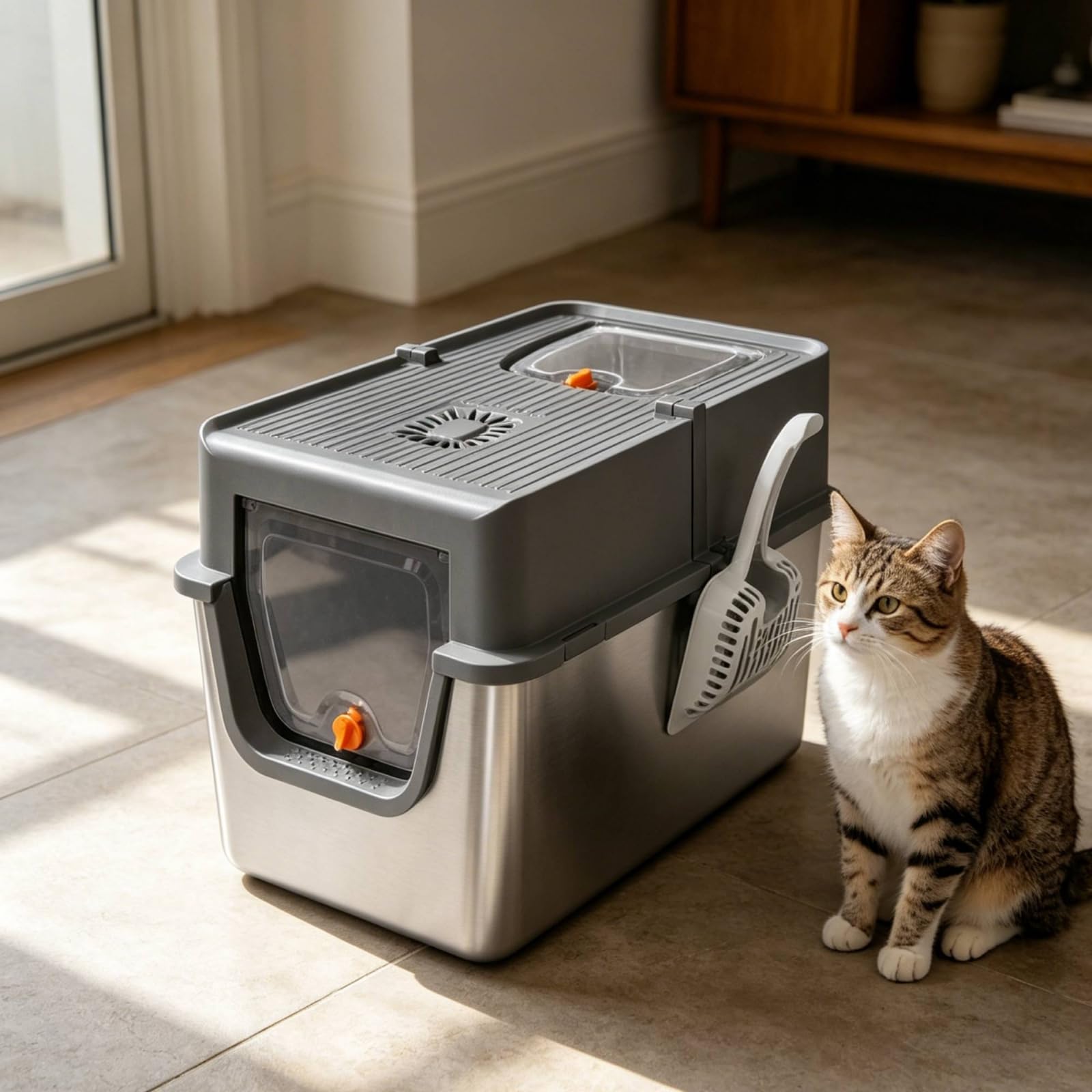 XXL Katzenklo Katzentoilette mit Klapptür großes Format groß geschlossene Katzentoilette, Hellgrau