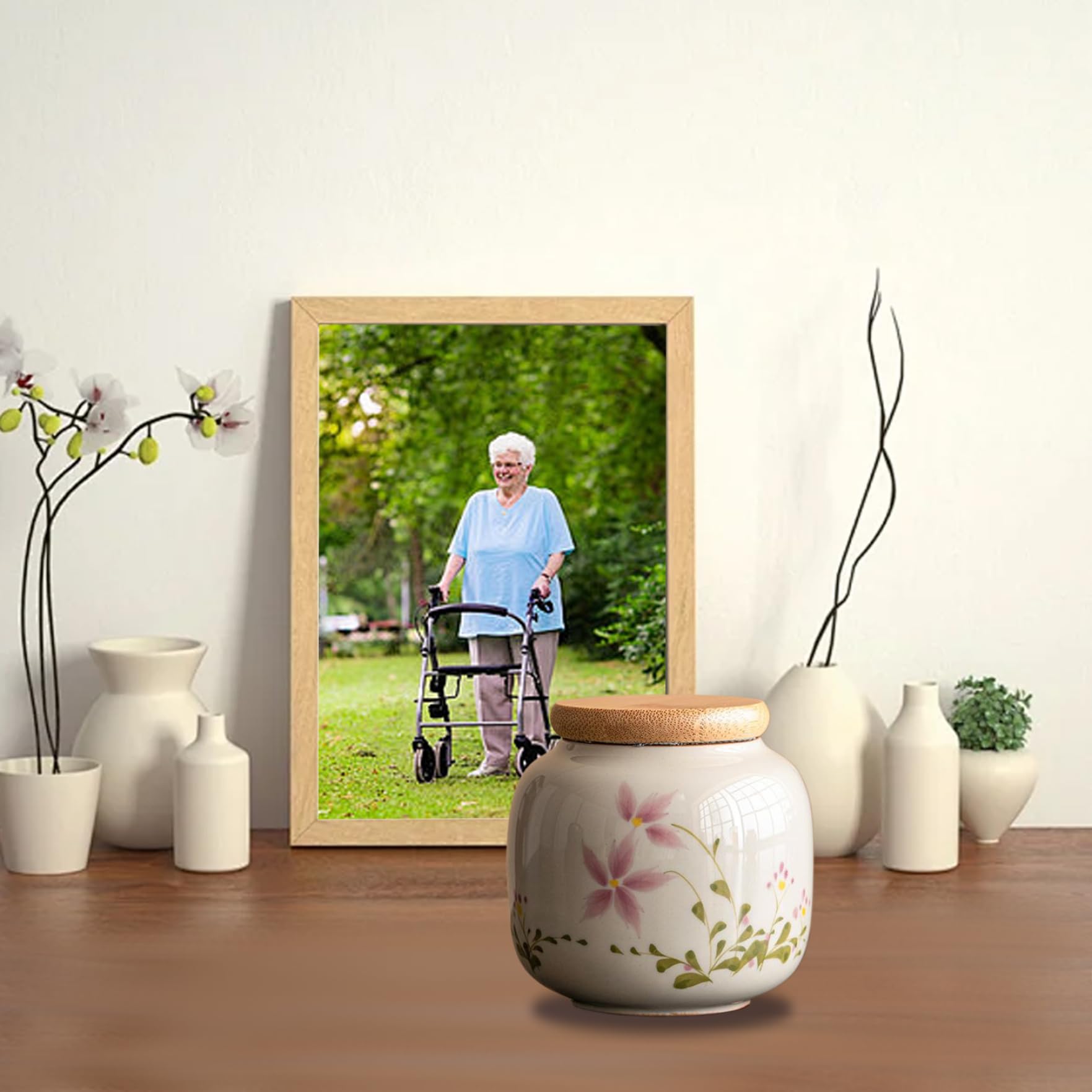 Pequeñas urnas para Cenizas humanas Remo Memorial 3x2 Cerámica Floral Urna con Tapa de bambú Dampproof, también Ideal como Bote de té