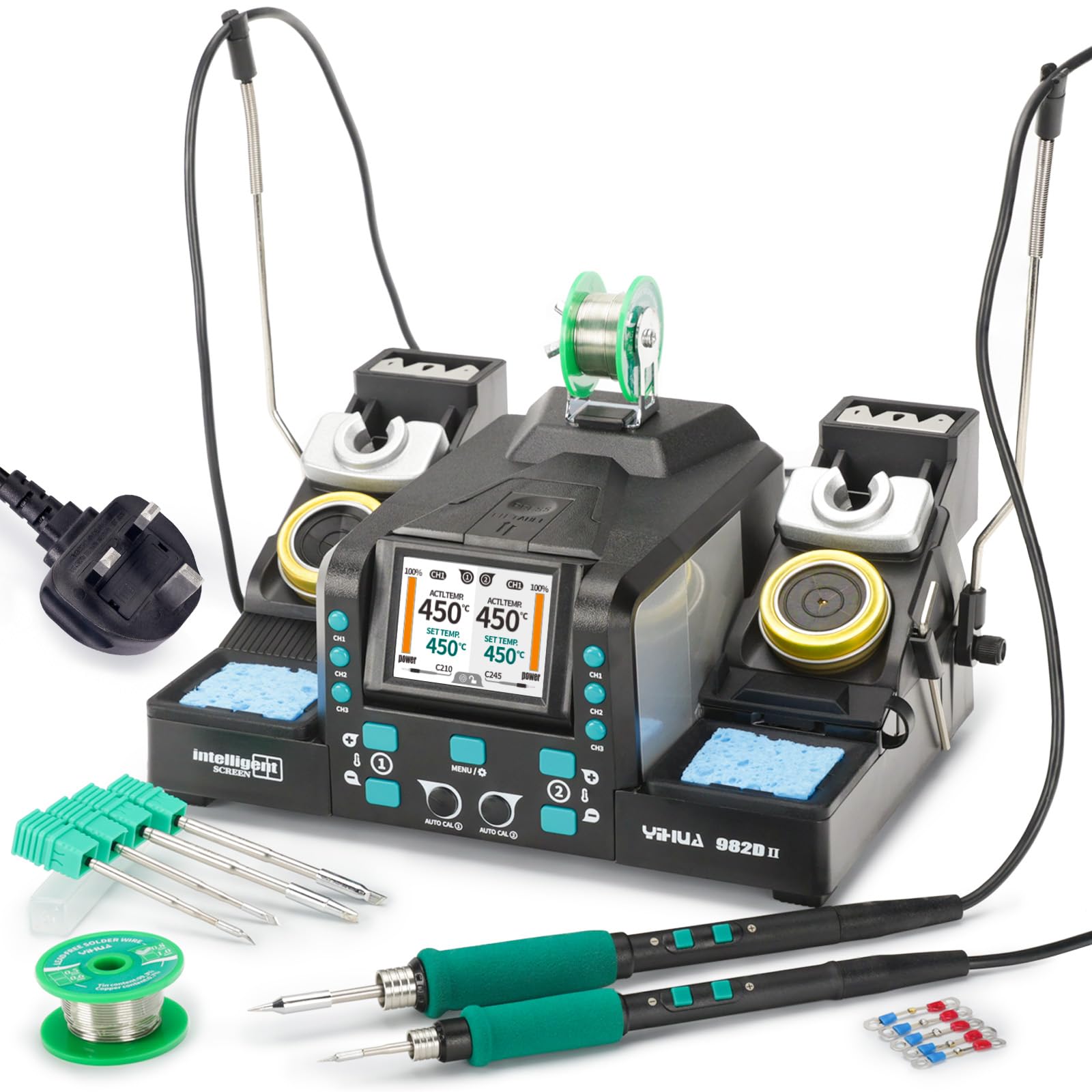 982D-II 2-in-1 Precision Soldering Station Kit with C210 & C245 Precision Soldering Iron, Auto Calibration, Adaptive Display PID Temp. Control, Rapid Heating (UK Plug)
