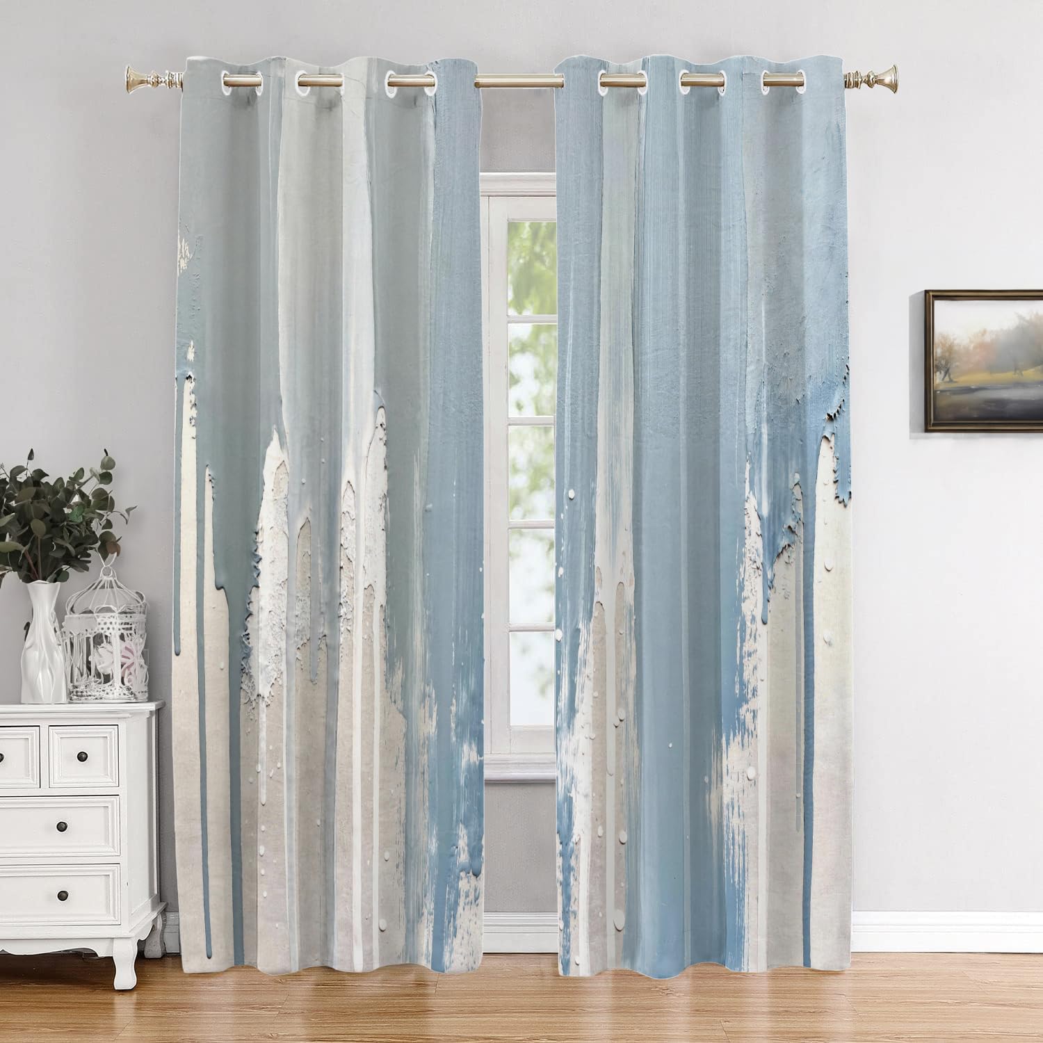 BaoNews Modern Blue Bedroom Curtains, Contemporary Calming Minimalist Abstract Watercolor Art Blackout Polyester Grommet Window Treatment Drapes for