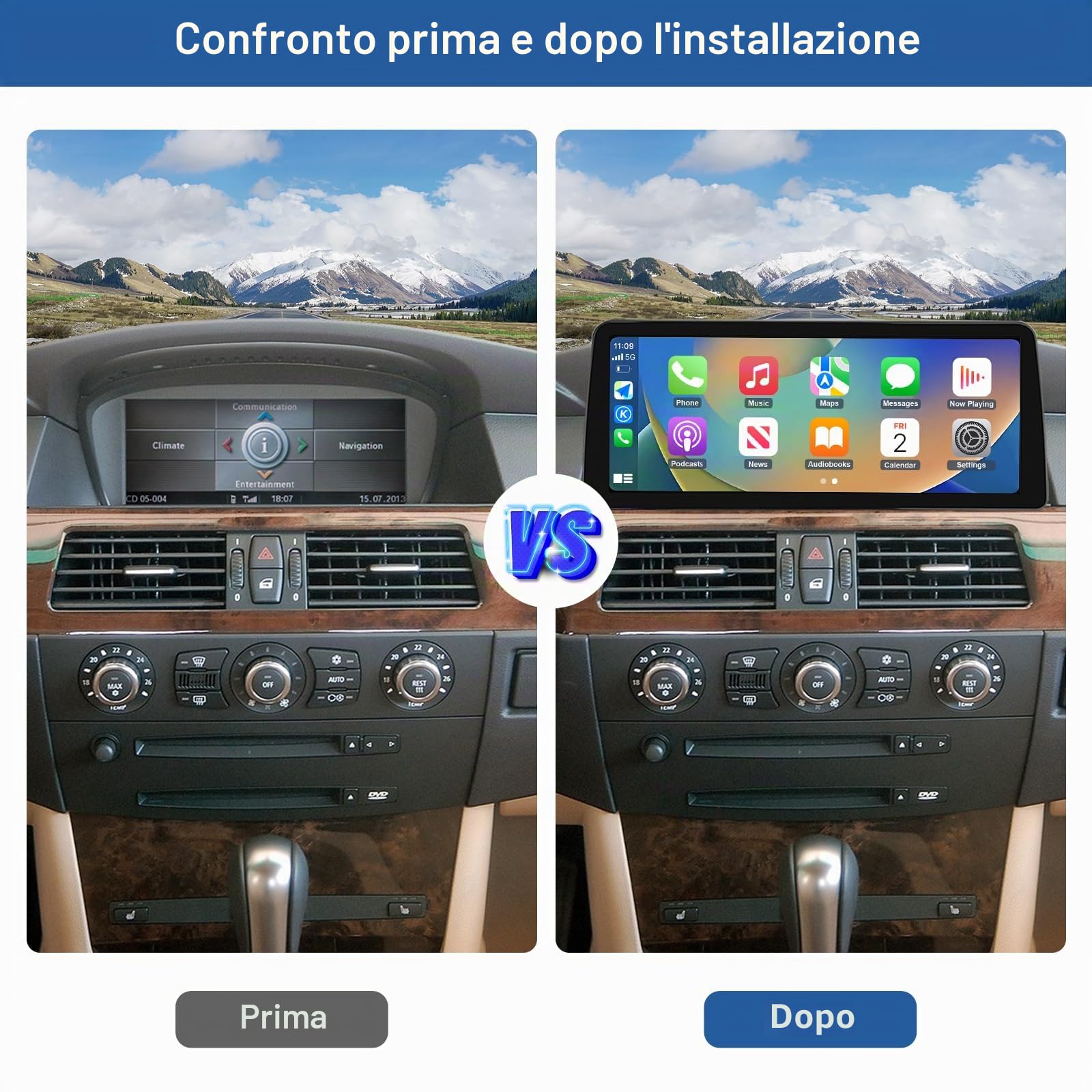 Road Top Autoradio CarPlay 12,3" per BMW Serie 5 E60 E61 con CCC 2003-2008 | Schermo Touchscreen ultrasottile Linux HD IPS, CarPlay senza fili, Android Auto, MirrorLink, Navigazione, Autoradio Bluetooth