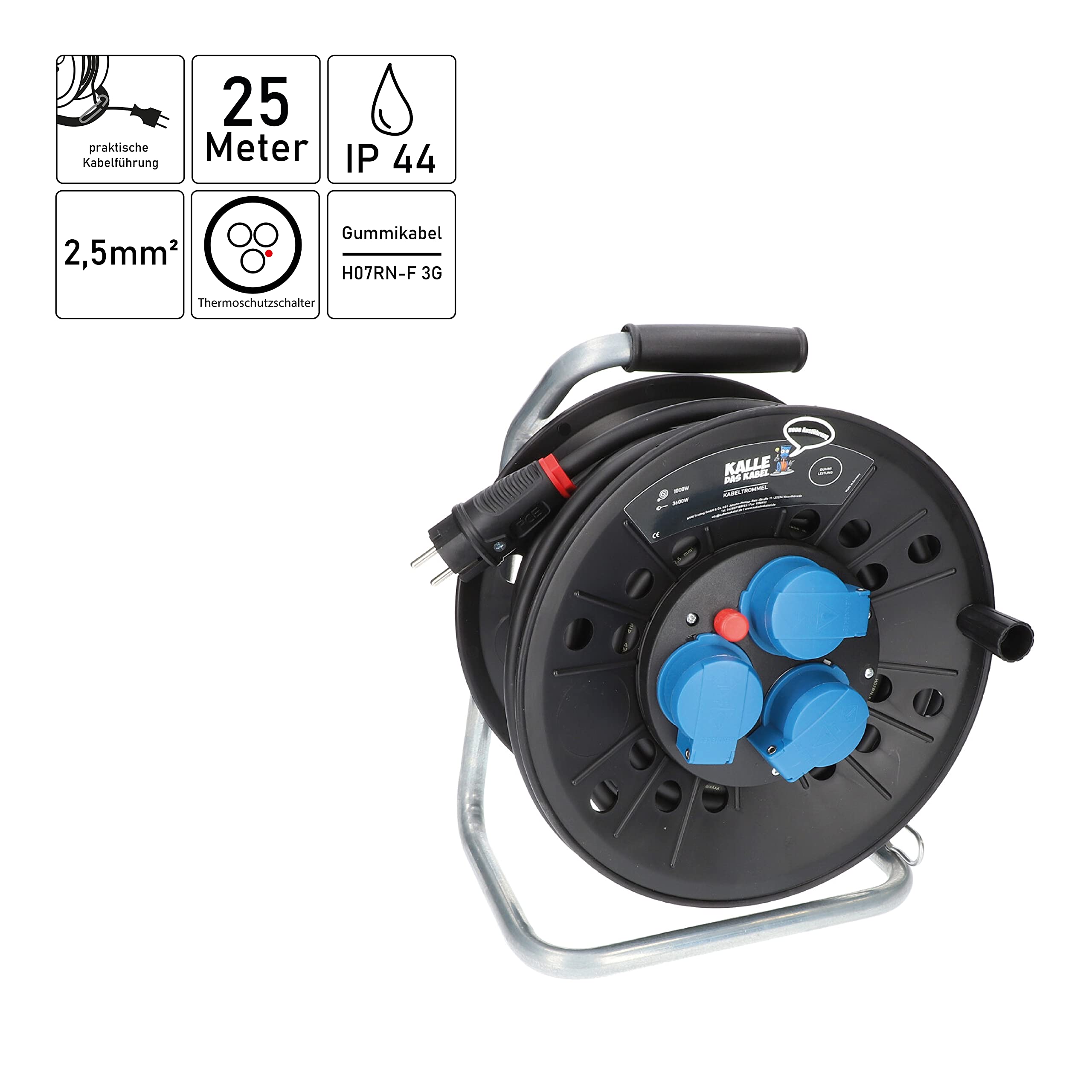 KALLE DAS KABEL Kabeltrommel Classic mit 3 Schukosteckdosen H07RN-F 3G 2,5mm² 25 Meter für Handwerker Heimwerker Baustellen und dem Einsatz im Außenbereich