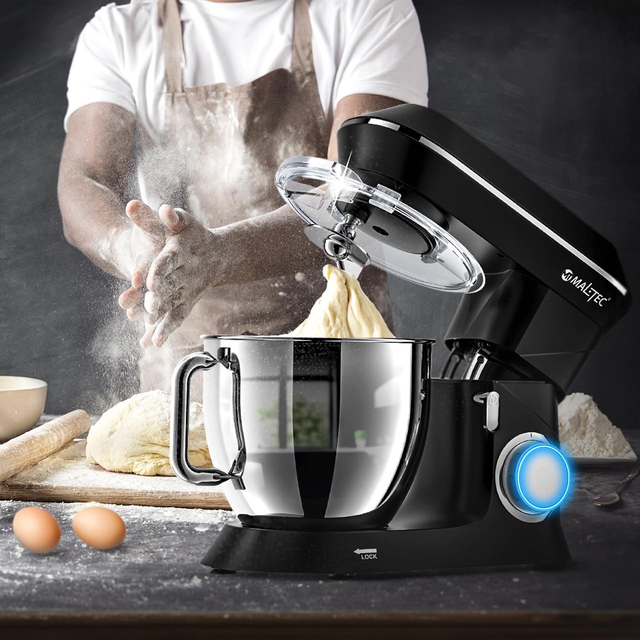 MalTec Planet MaltecChef Robot kuchenny 2200 W, hak do mieszania, hak do ugniatania, trzepacz, ochrona przed pryskaniem, 6 prędkości, 4 funkcje, czarny robot kuchenny, 6 l
