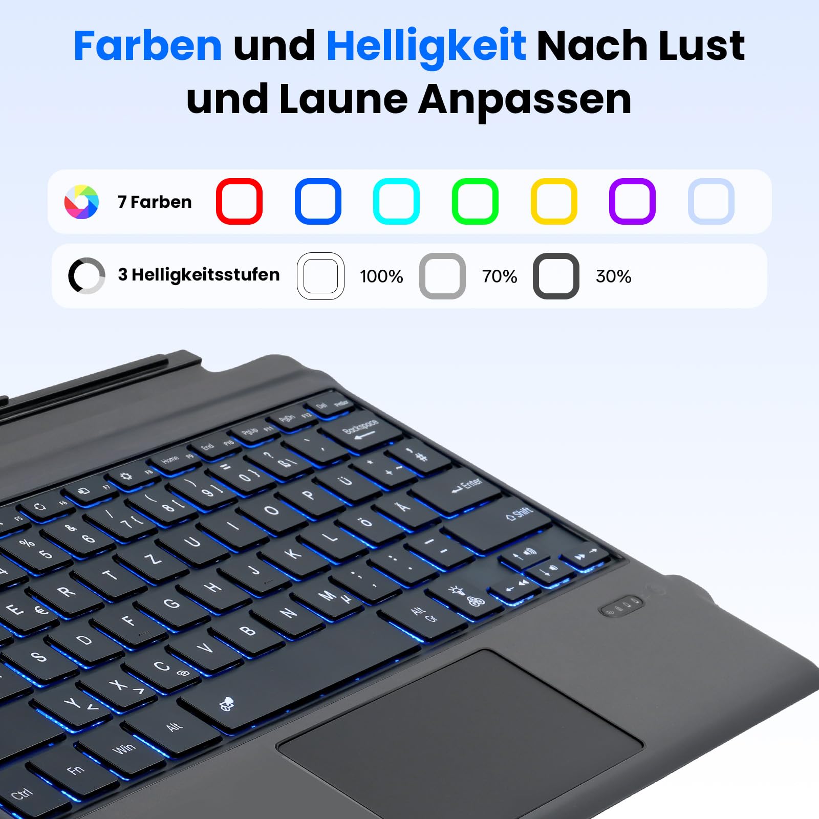 Bluetooth Tastatur für Surface Pro 7+/7/6/5/4/3, Kabellose Beleuchtete Tastatur, Ultraslim Tastatur mit Touchpad, Wiederaufladbare, Deutsche QWERTZ Layout