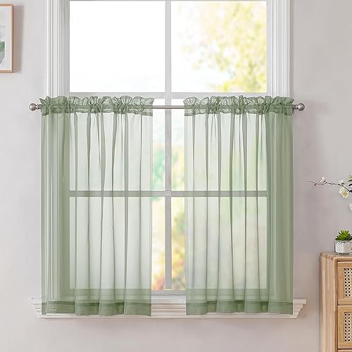 SimpleBrand Sage Short Sheer Drapes Half Window Curtains for Bathroom Small Windows, 42 X 36 Inch, 2 Panels