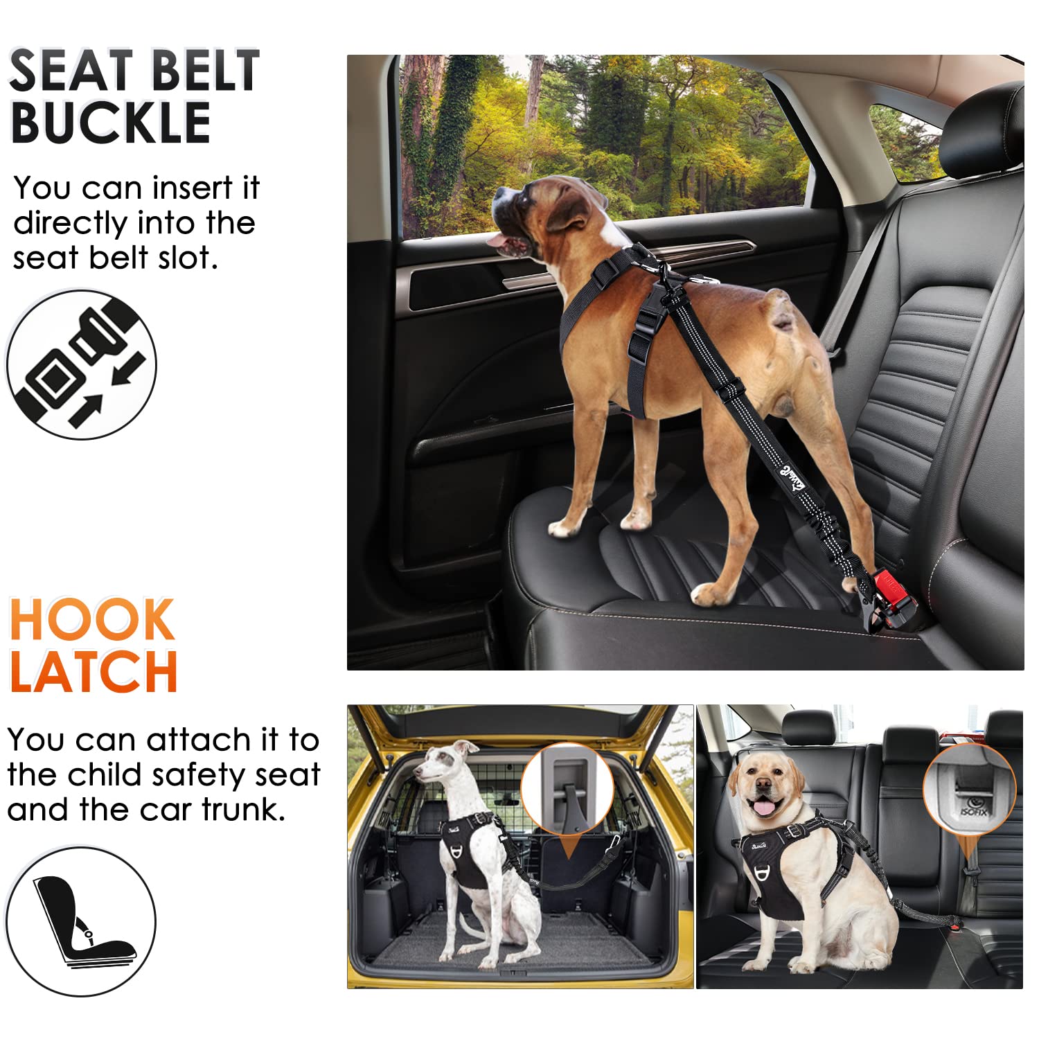 Dog Seat Belt Aerkersun 2-in-1 Dog Car Seat Belt - Adjustable Safety Tether  For Large & Small Breeds (Black) Car Harness For Dogs