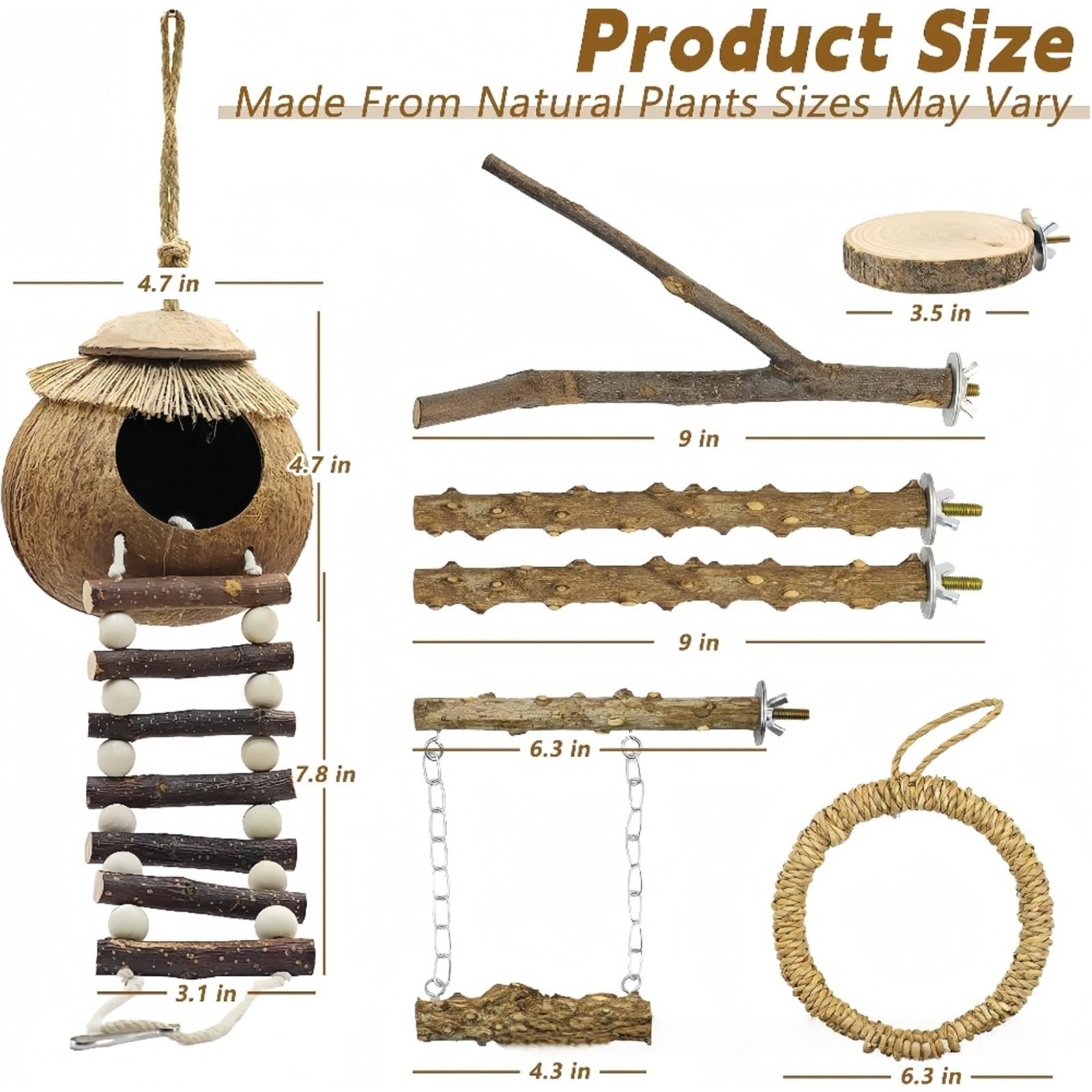 Kit d'Accessoires pour Oiseaux, Nid de Noix de Coco Naturelle avec Perchoirs en Bois de Sichuan, Balançoire et Plateforme, Adapté aux Perruches, Perroquets et Oiseaux de Petite Taille