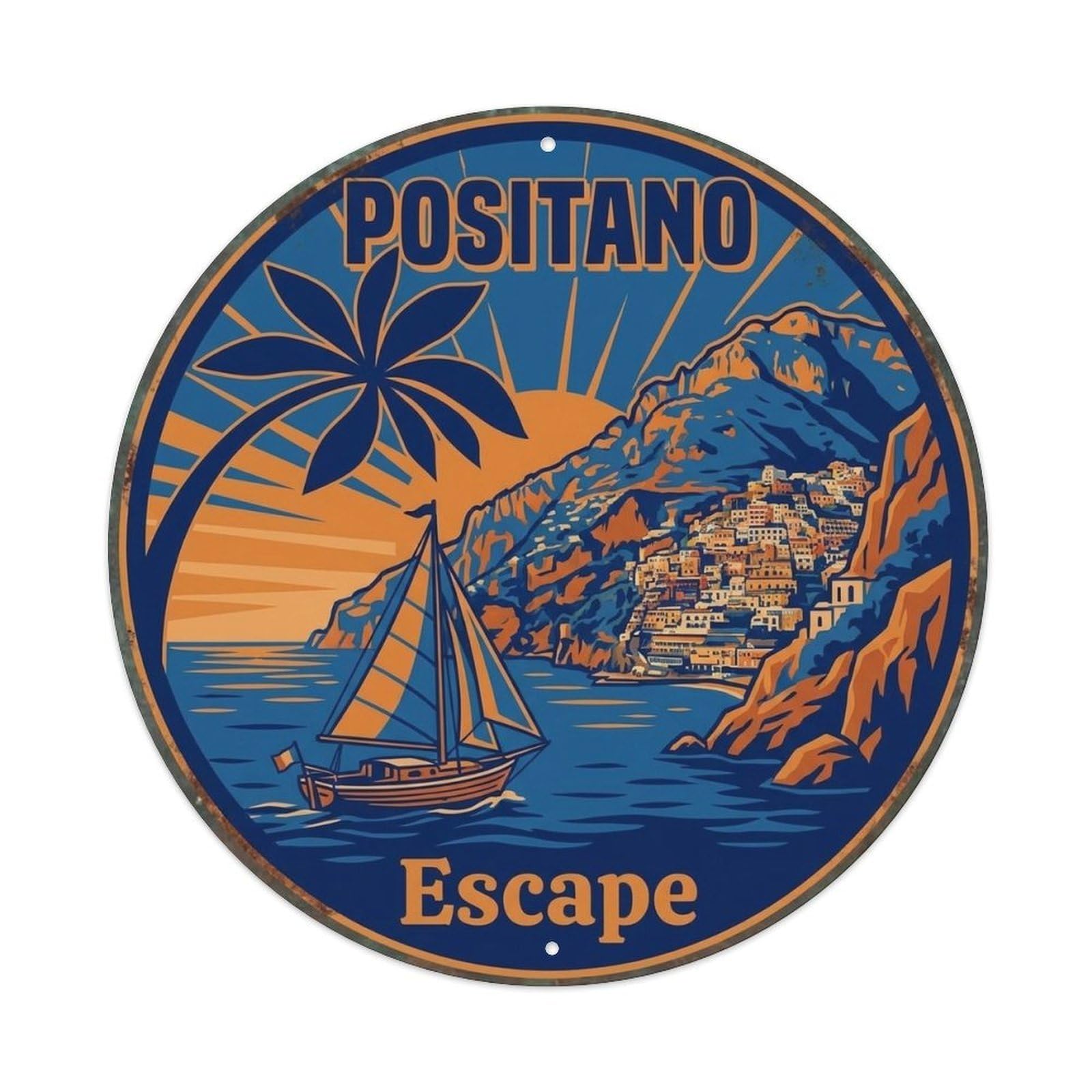 City Landmark Positano Italy Classic Destination Heritage Coastal Metal Tin Sign Plaque Wall Decor for Cafe, Man Cave, Club Bar, Office, Home Garden Round Metal Poster 8x8Inch