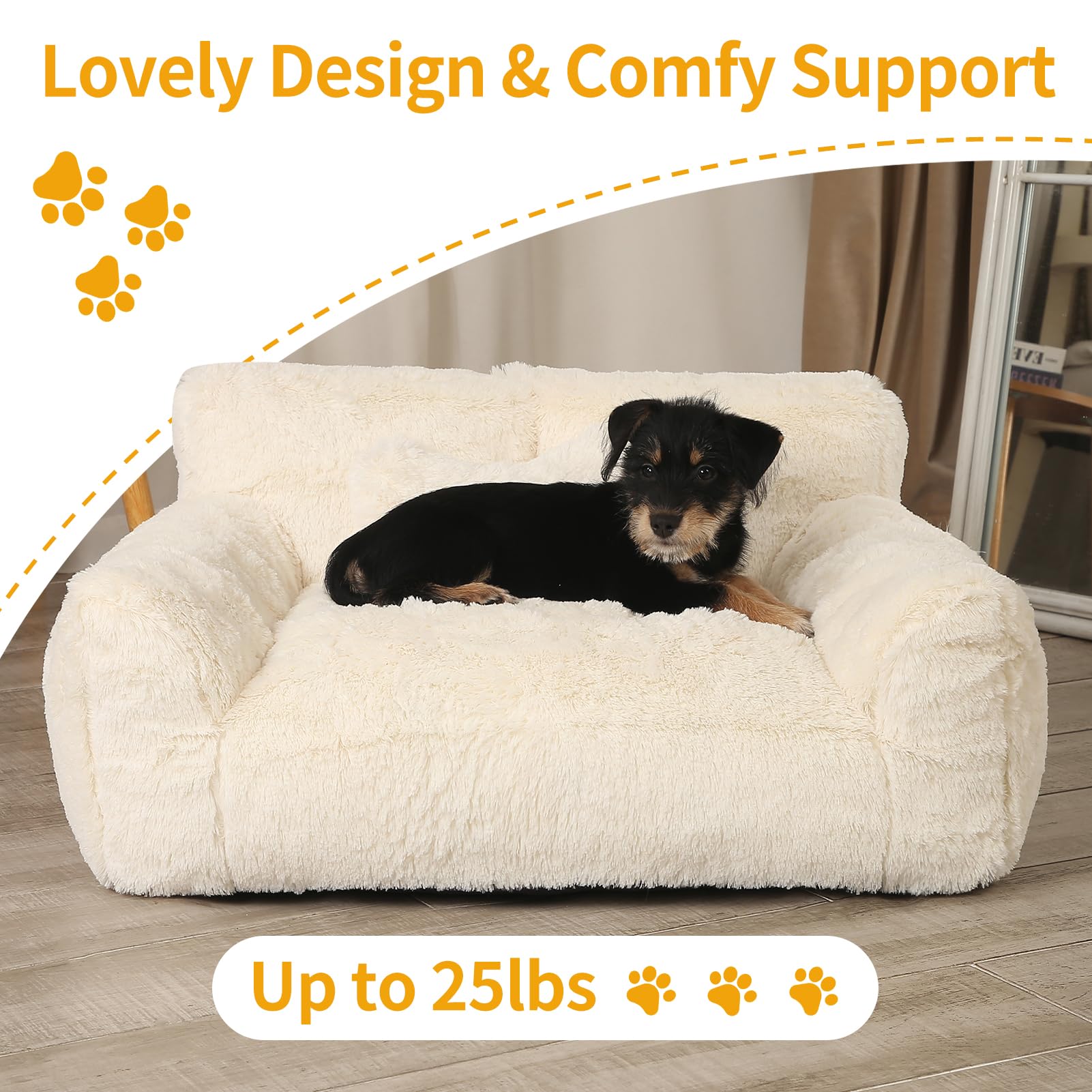 BestRoyal Fluffy Cat Couch, Small Dog Bed with Bone Shaped Pillow, Anti-Anxiety Pet Bed with Washable Cover, Cream