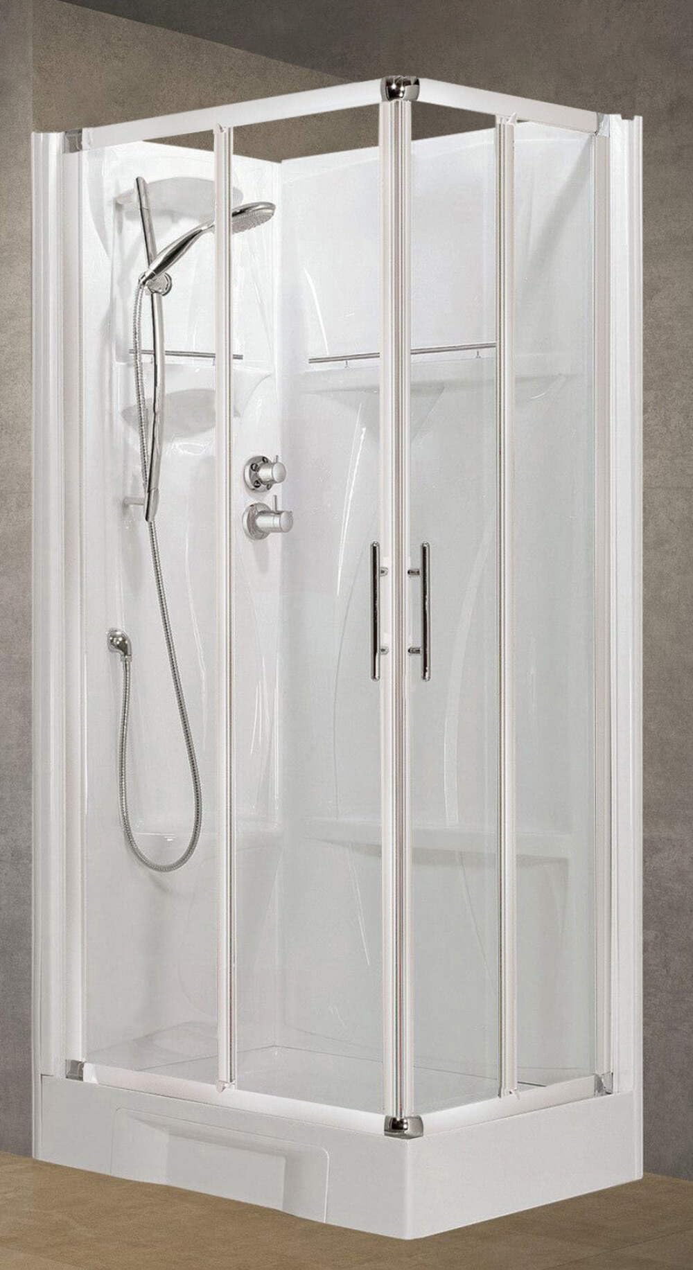 Novellini New Holiday A90 Standard 90 x 90 cm Cabina de ducha multifunción apertura 2 puertas correderas 2 fijas ángulo izquierdo derecho mezclador mecánico cristal transparente perfil blanco altura