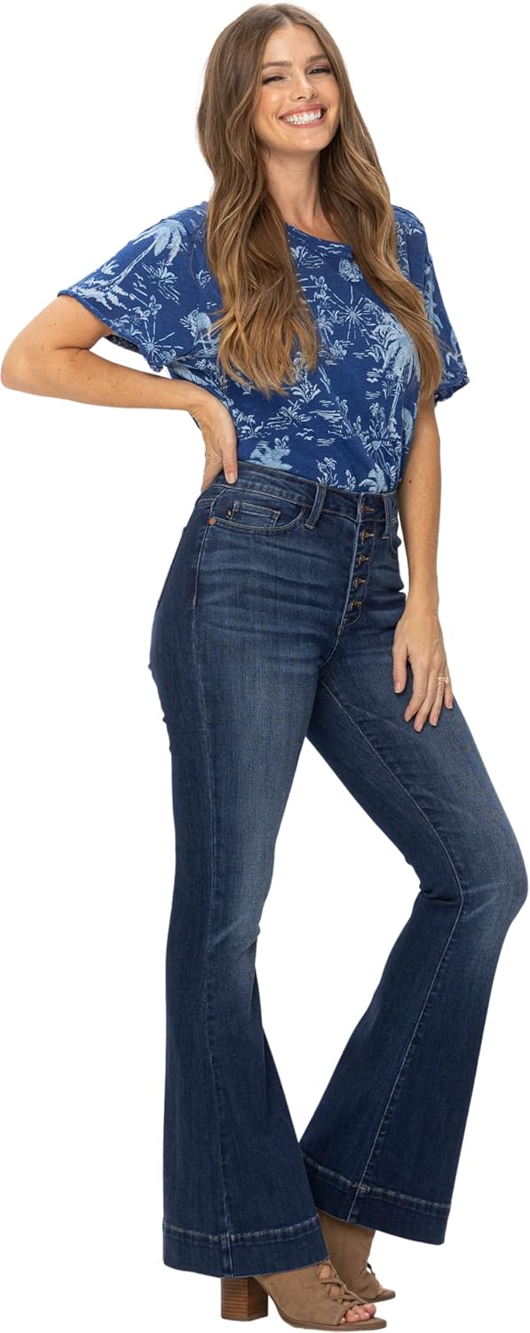 Judy Blue Women's High-Rise 5 Button Fly Wide Leg Trouser Flare Jeans 88491 (Dark Blue, 24 Plus)