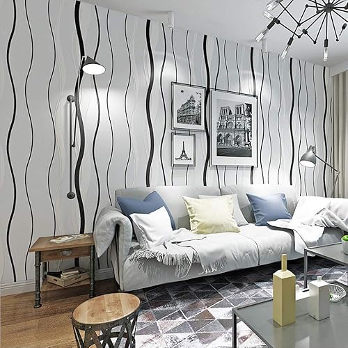 DAWEI Papel tapiz moderno minimalista de estilo nórdico geométrico de ondas, no tejido, rayas verticales en blanco y negro, dormitorio, sala de