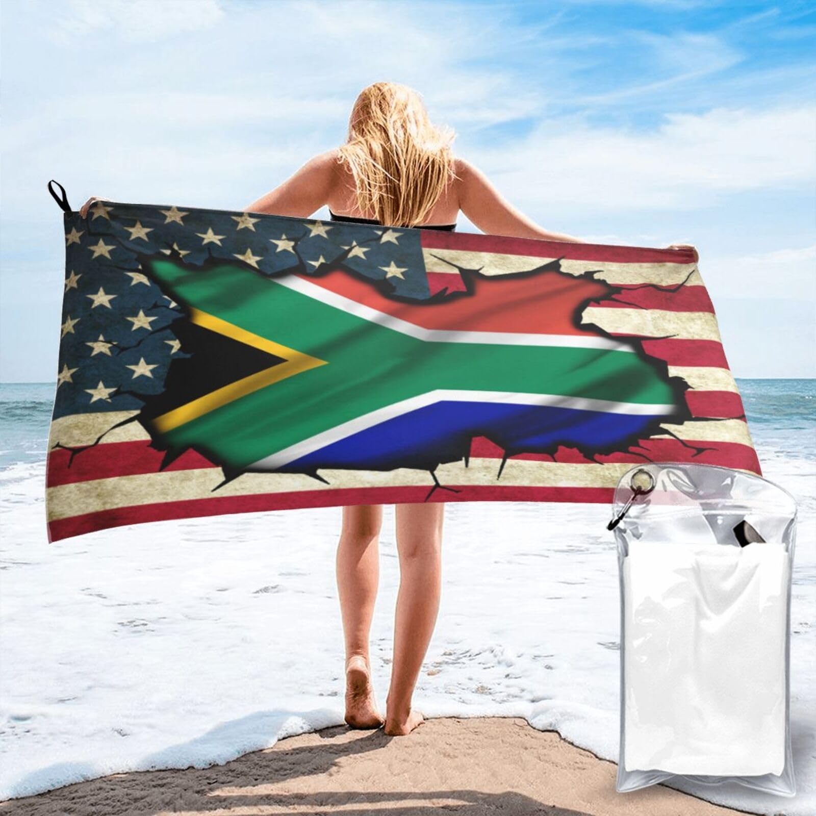 HACXZ Vintage America Flag and South Africa Flag Absorbent Beach Towel Microfiber Beach Towel Lightweight 27.5"X55"