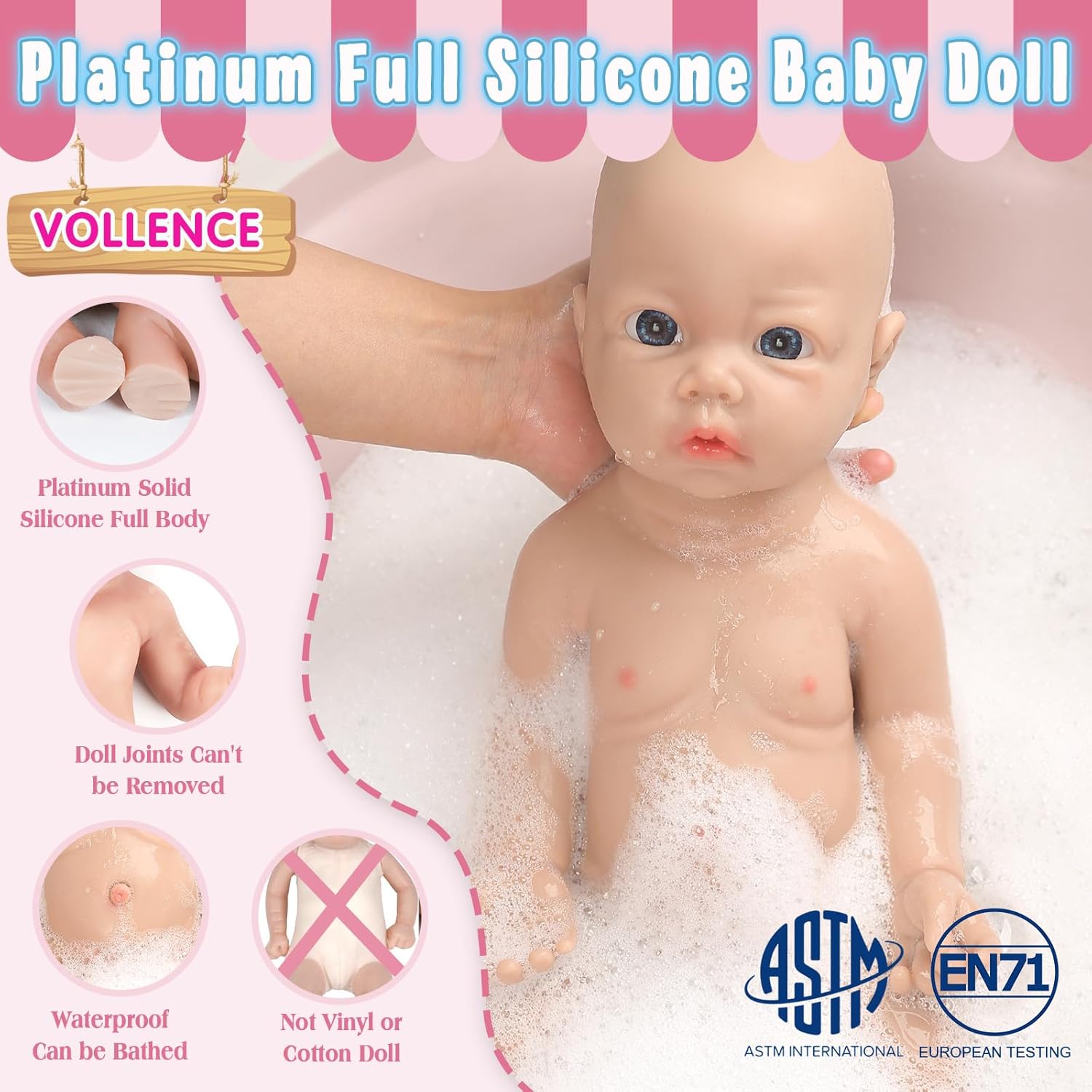 Vollence 17 inch Reborn Silicone Baby Dolls Full Body Girl Anatomically Correct for Kids Toddlers Child Children Birthday Chirstmas Gifts - Girl