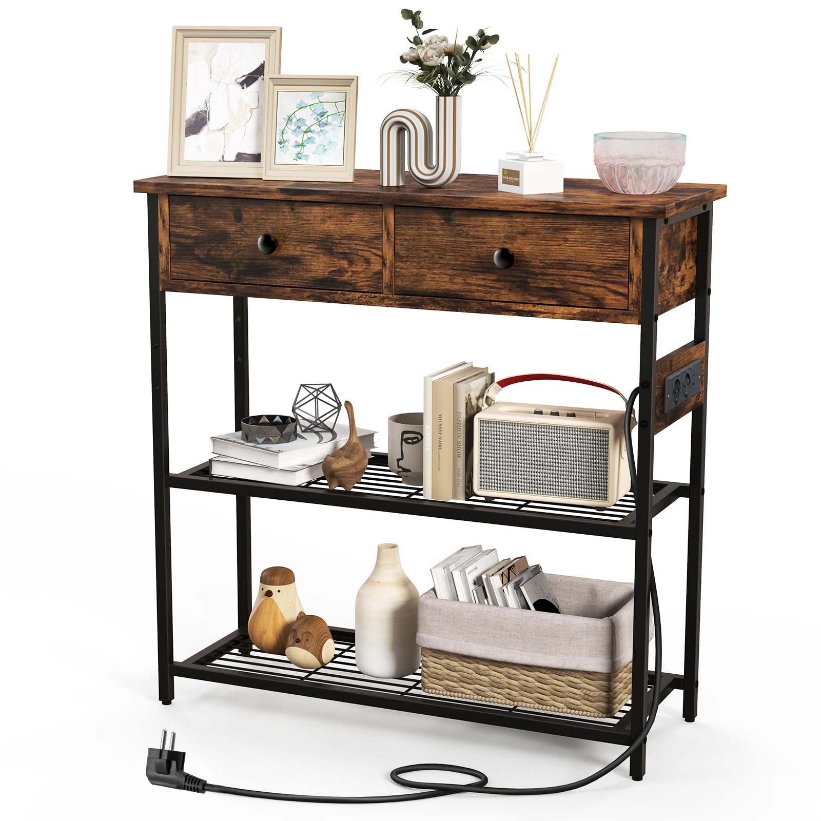 LIFEZEAL Mesa de Consola con Toma de Corriente y Puertos USB, Mesa de Pasillo Industrial Puertos USB, Mueble de Entrada con 2 Cajones, 81 x 30 x 81 cm, Marrón