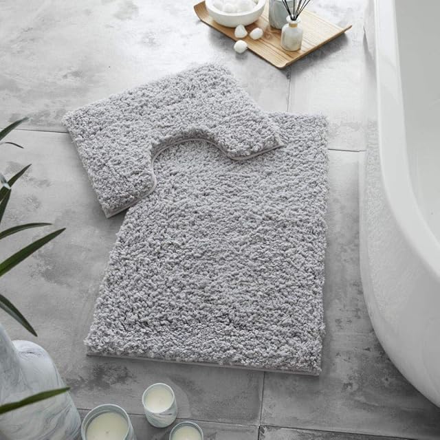 Inspire Me Bath Mat Set Bath Mat And Pedestal Anti Non-Slip Rubber Backing Fluffy Mat Bathroom Rug 100% Microfibre Soft Ultimate Zero Twist Bath Set (Grey)