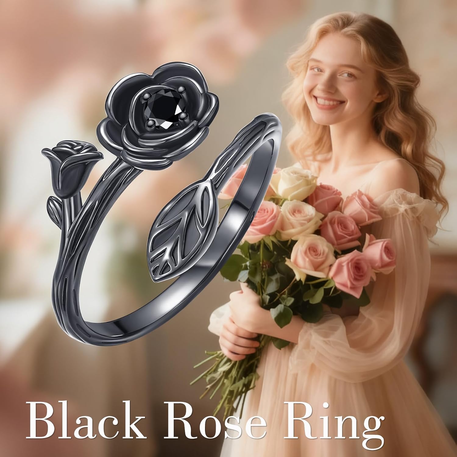 URONE Black Rose Flower Rings 925 Sterling Silver Rose Flower Adjustable Open Rings Gothic Jewelry Gifts for Women