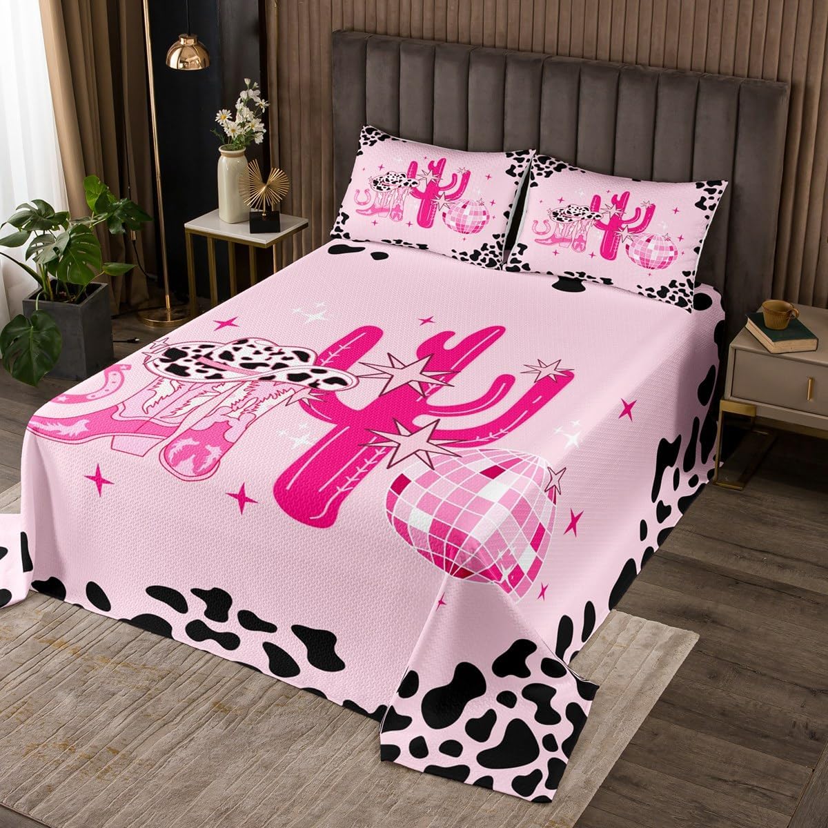 3 Piece Western Cowgirl Quilt Bedding Set Women Aldult Lightweight Bedding Boots and Hats Bedspread Set Pink and Black Bedspread Coverlet Soft Microfiber Home Quilt Set for King Bed All Season