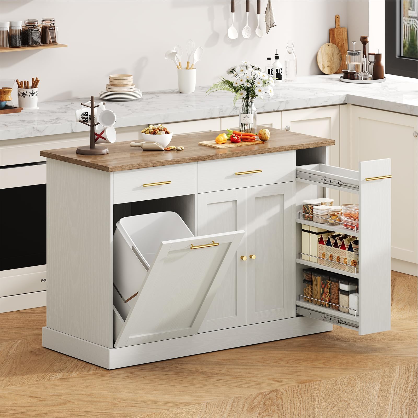 4 EVER WINNER 53" Kitchen Island Cart with Hidden Trash Storage, 3-Tier Spice Rack &amp; Adjustable Shelves, Mobile Kitchen Counter on 5-Wheel Casters for Kitchen, Living Room, White