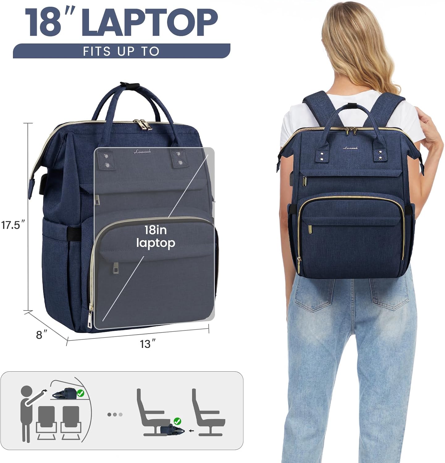 LOVEVOOK Laptop Backpack for Women,18 Inch Professional Womens Travel Backpack Purse Computer Laptop Bag Nurse Teacher Backpack,Waterproof College Work Bags Carry on Back Pack with USB Port,Dark Blue image 5
