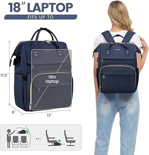 Miniatura 5 de LOVEVOOK Mochila para computadora portátil para mujer, bolsas de viaje de moda, bolsa de trabajo con puerto USB, Azul oscuro, Classic