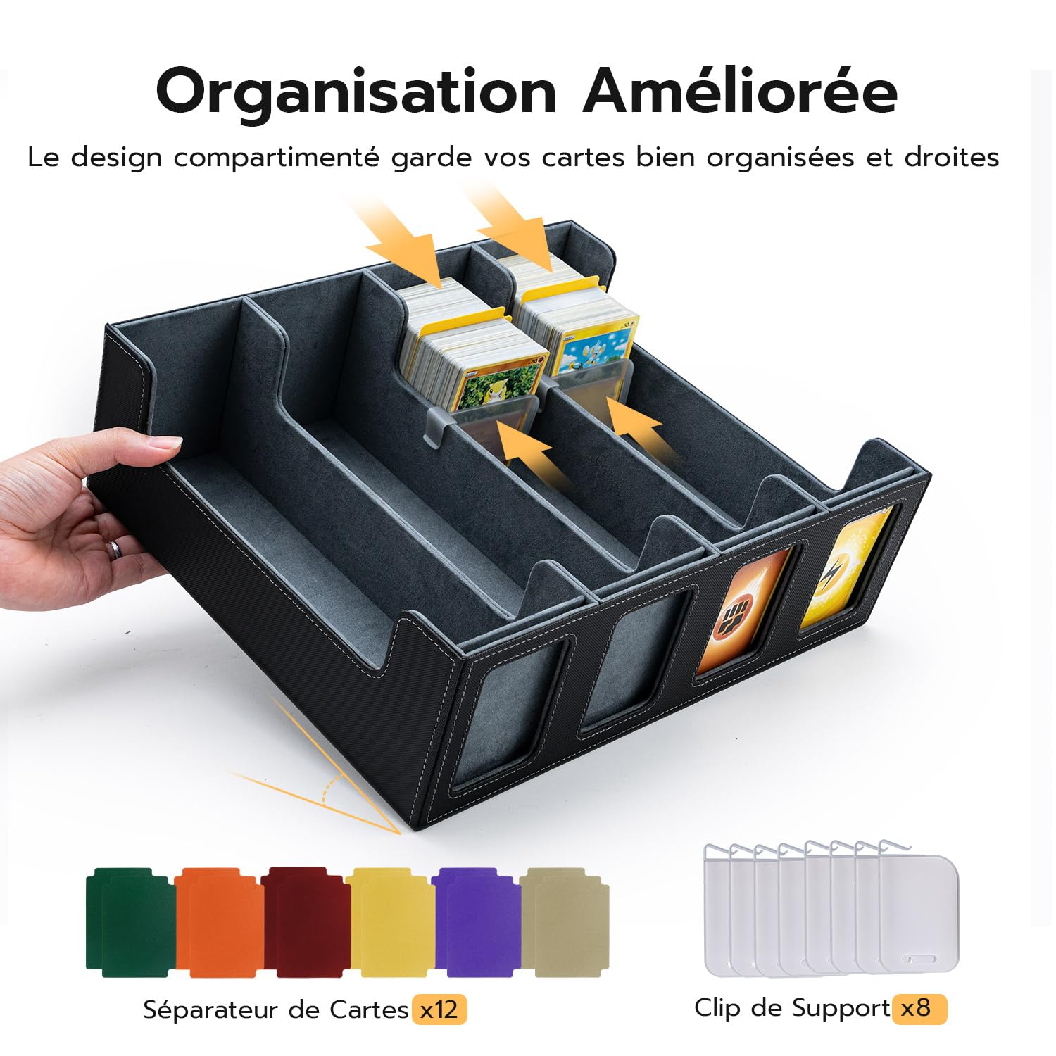 Boîte à Cartes Pour MTG, 4 Rangées Deck Box Pour plus de 3200 cartes, Boîte à Rabat Magnétique Avec Cuir Pu Pour Cartes Magic Commander TCG avec 12 séparateurs multicolores et 8 clips – Noir