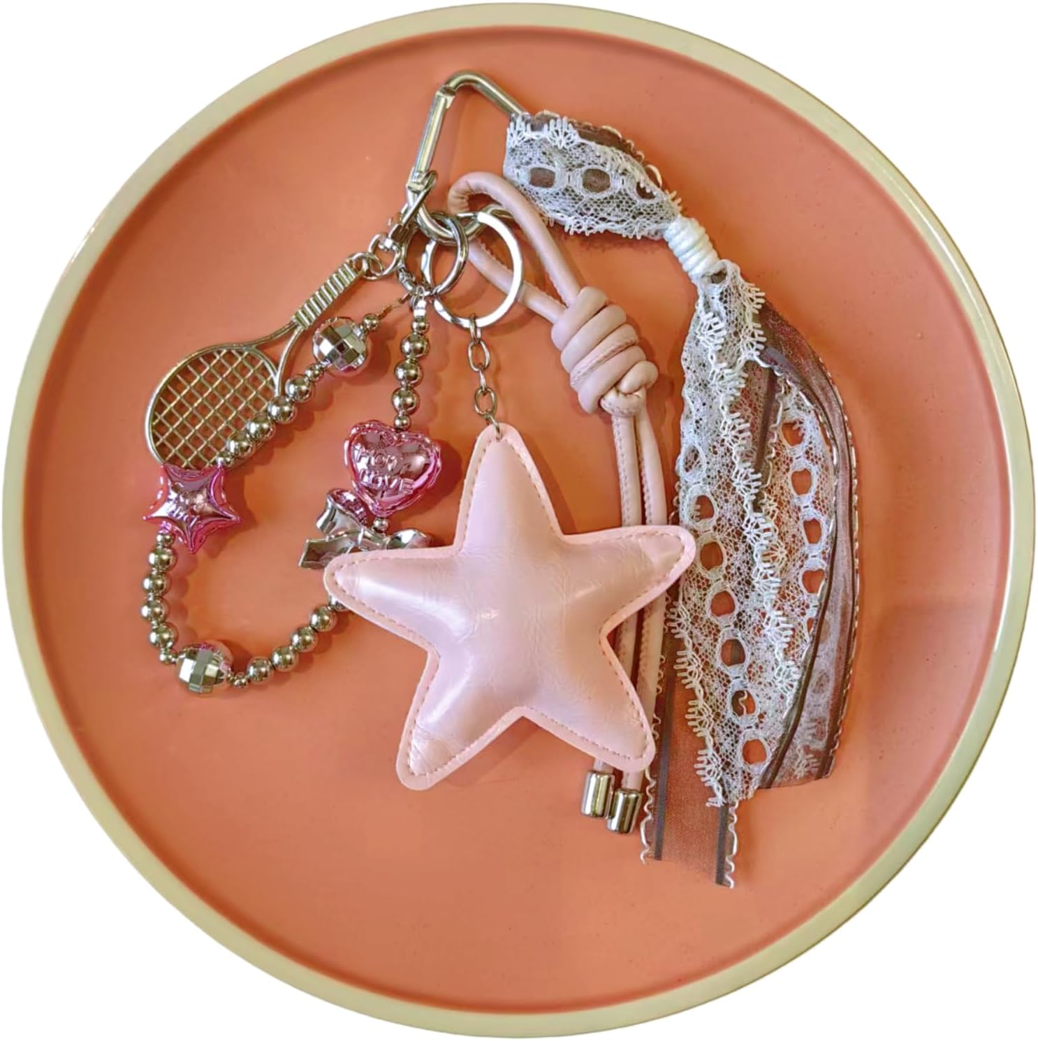 Pink Star and Flower Bag Charm Keychain Set, Phone Strap with Leather Star, Bead Heart, Tennis Racket - Image 3