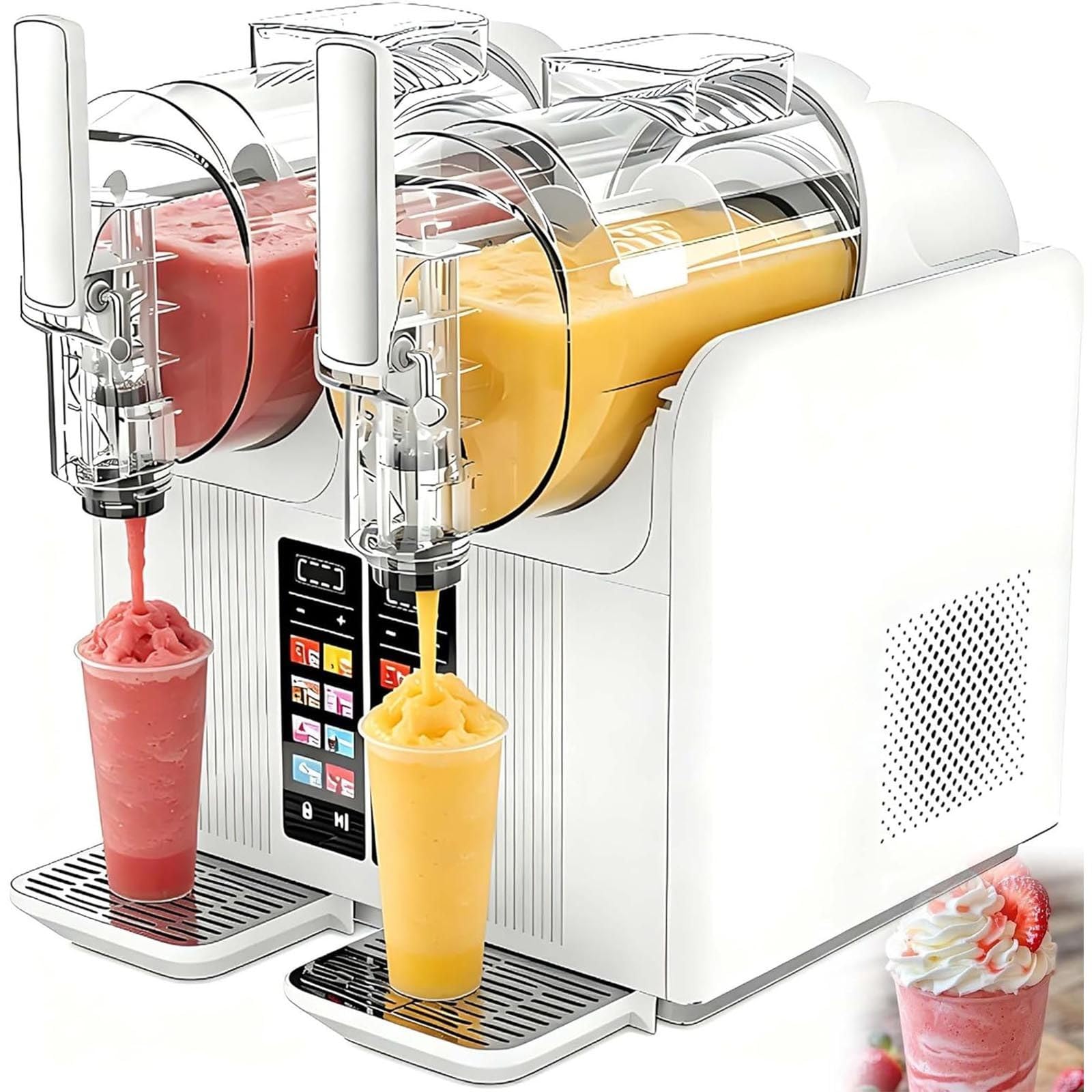 Máquina de Granizados y Helado Soft, Doble Depósito 2×2 L, 380 W White | 7 programas y textura ajustable para granizados, batidos y cócteles; lista en 15–25 min para fiestas, cafeterías y bares