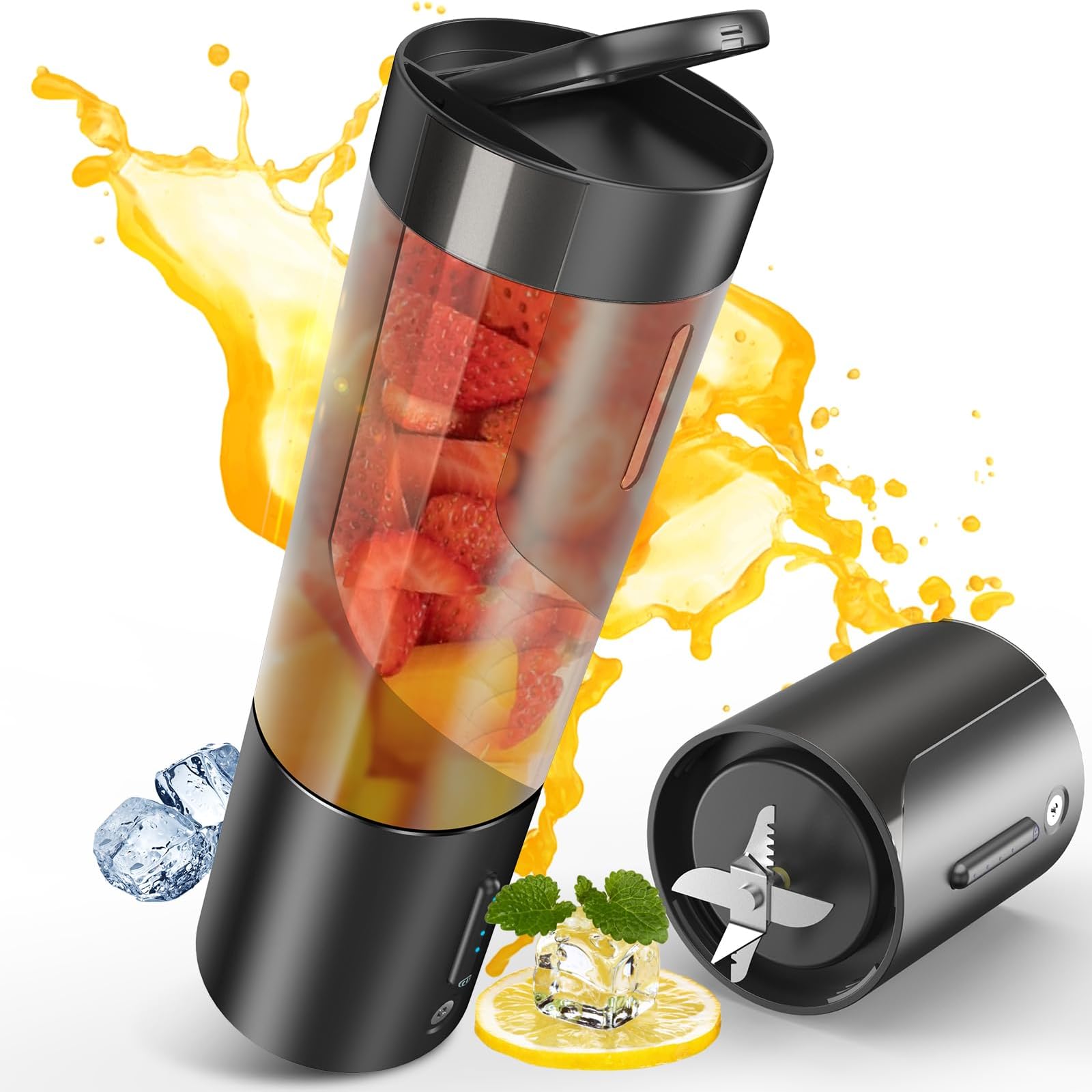 Portable Blender, Owaylon Personal Size Blender for Shakes and Smoothies with 6 Ultra Sharp Blades, 16 Oz Mini Blender USB Rechargeable Magnetic for Travel/Picnic/Office/Gym(Black), HD-08