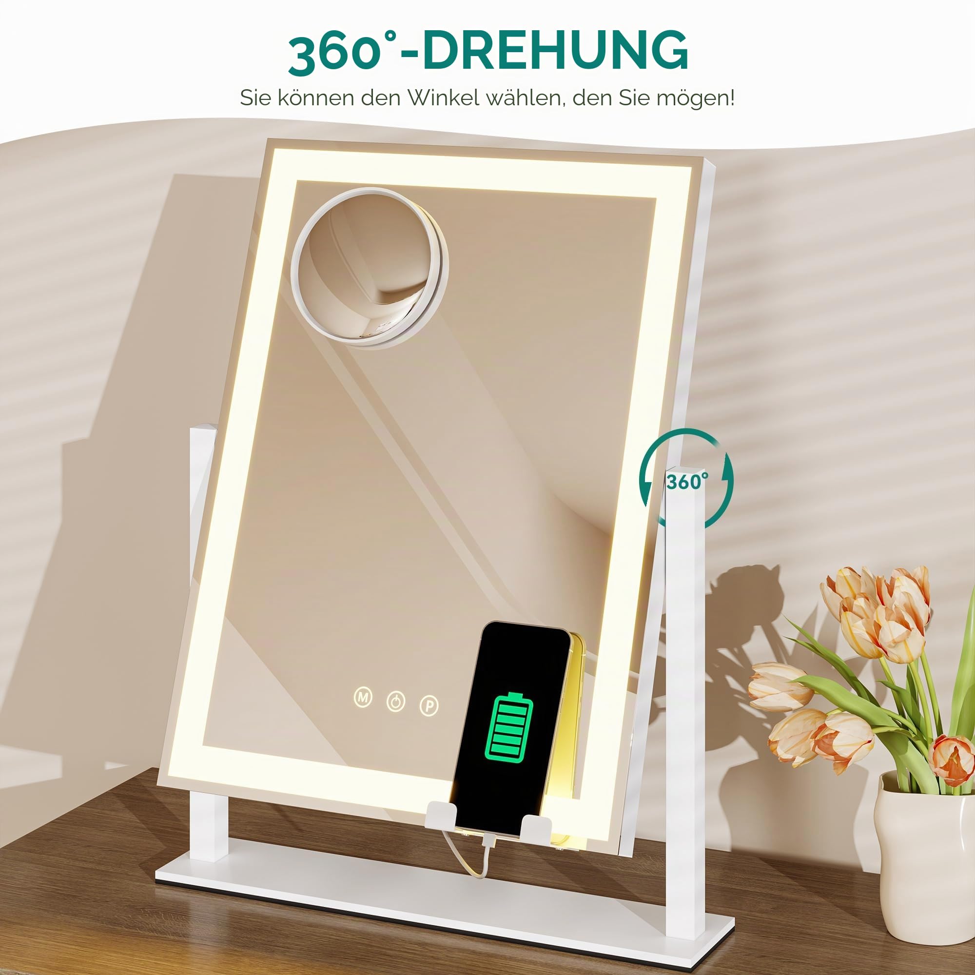 YITAHOME Beleuchteter Kosmetikspiegel mit 3 Farben & Dimmfunktion, 30 x 40 cm Hollywood Spiegel, 360° Schwenkbar, 10-facher Vergrößerung, Smart Touch Sensor, Spiegel mit Licht für Makeup