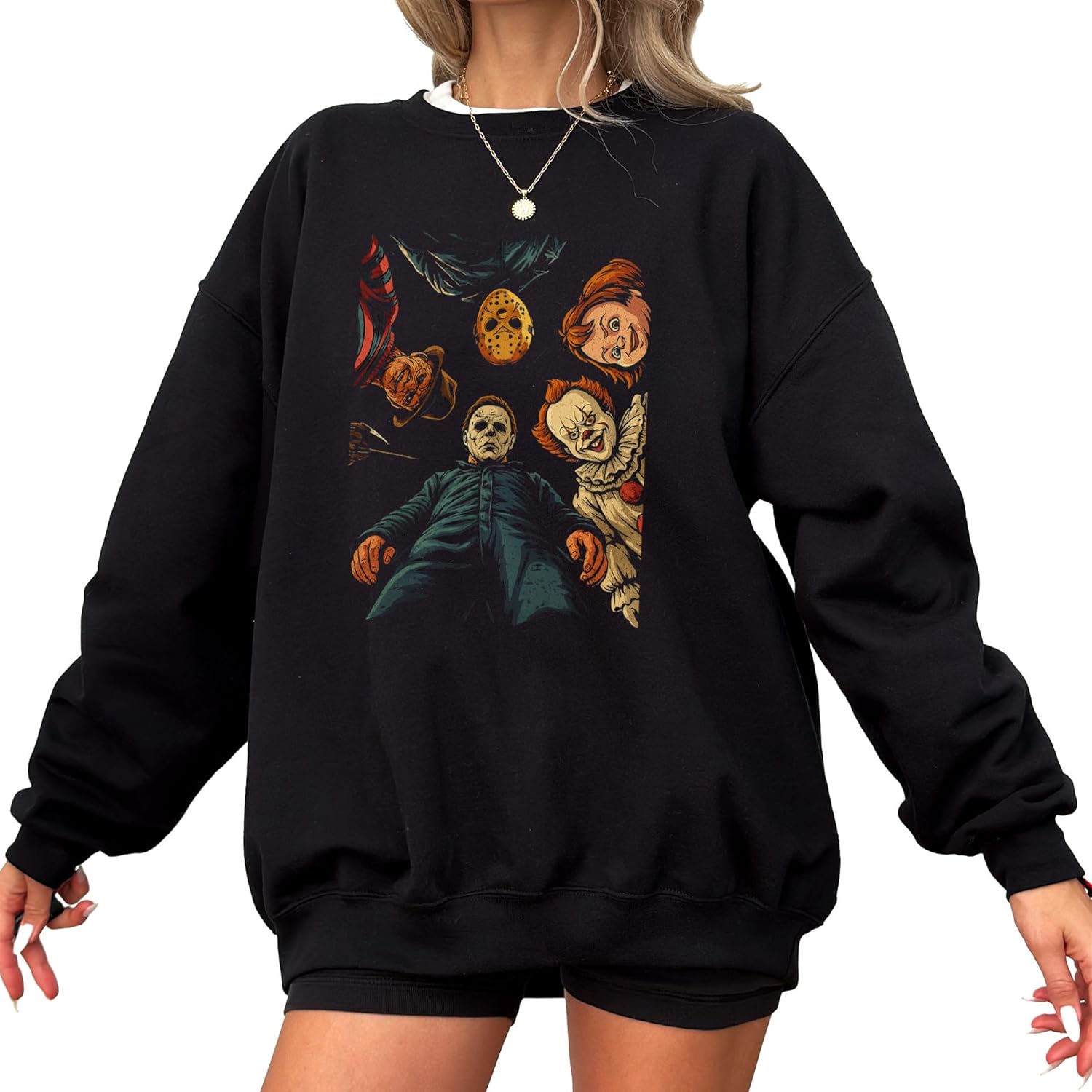 Horror Movie Inspired Sweatshirt - Vintage Style Scary Faces Unisex Pullover - Longsleeve Top