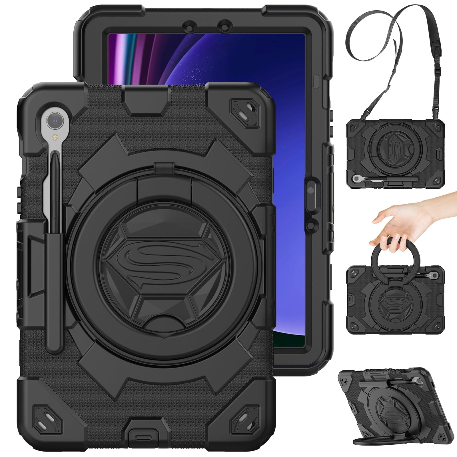 Timecity Case for Samsung Galaxy Tab S10 Lite/ S10 FE/ S9 FE/ S9: Heavy Duty Protection with Screen Protector, Pen Holder, [360 Rotating Hand Grip] &