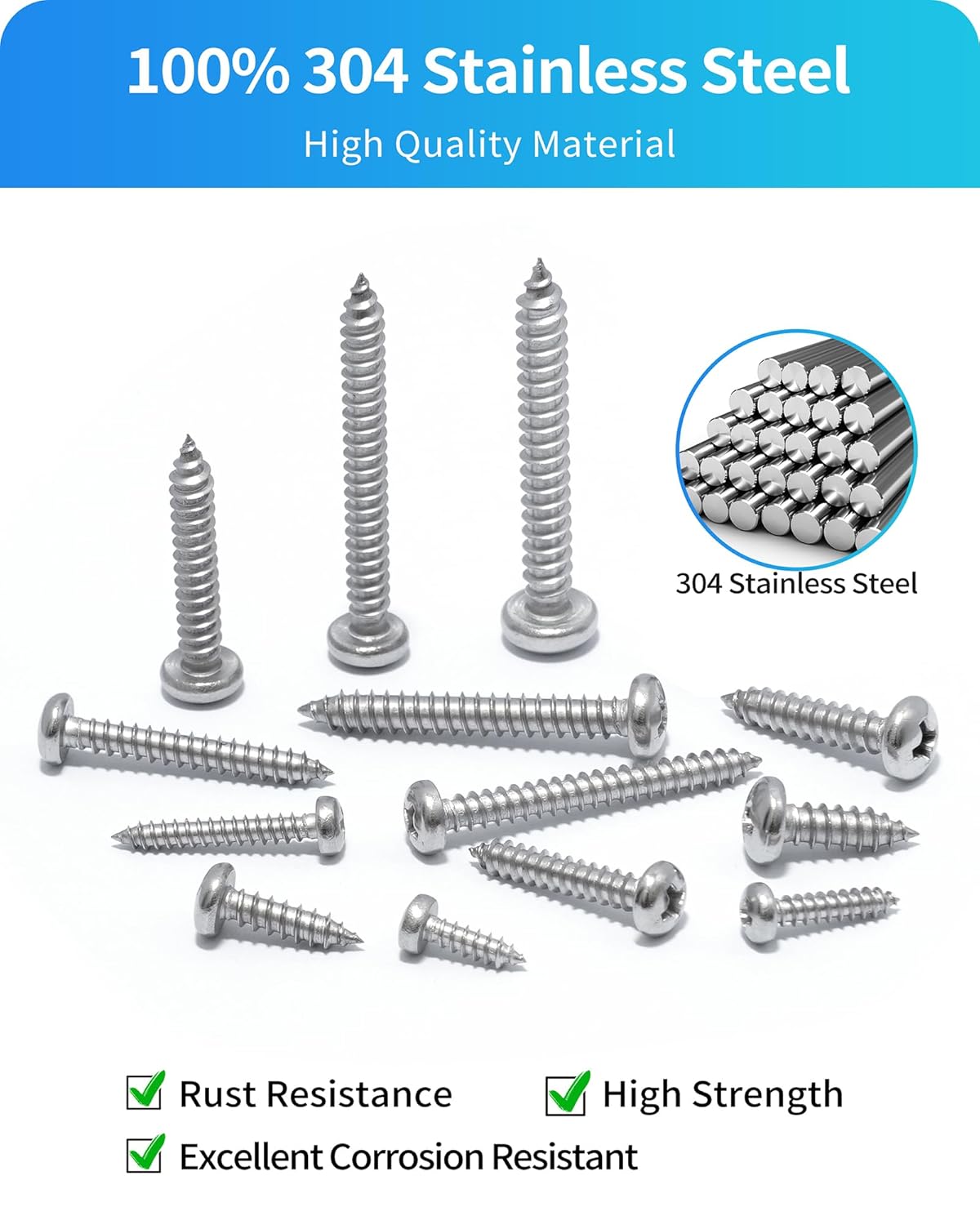 500Pcs 304 Stainless Steel Wood Screws Assortment Kit,#4#6#8#10#12 Assorted Screws,Phillips Drive Pan Head Sheet Metal Screw Self Tapping Screws Set, Length 3/8" to 2" (Silver-Pan Head 500PCS)