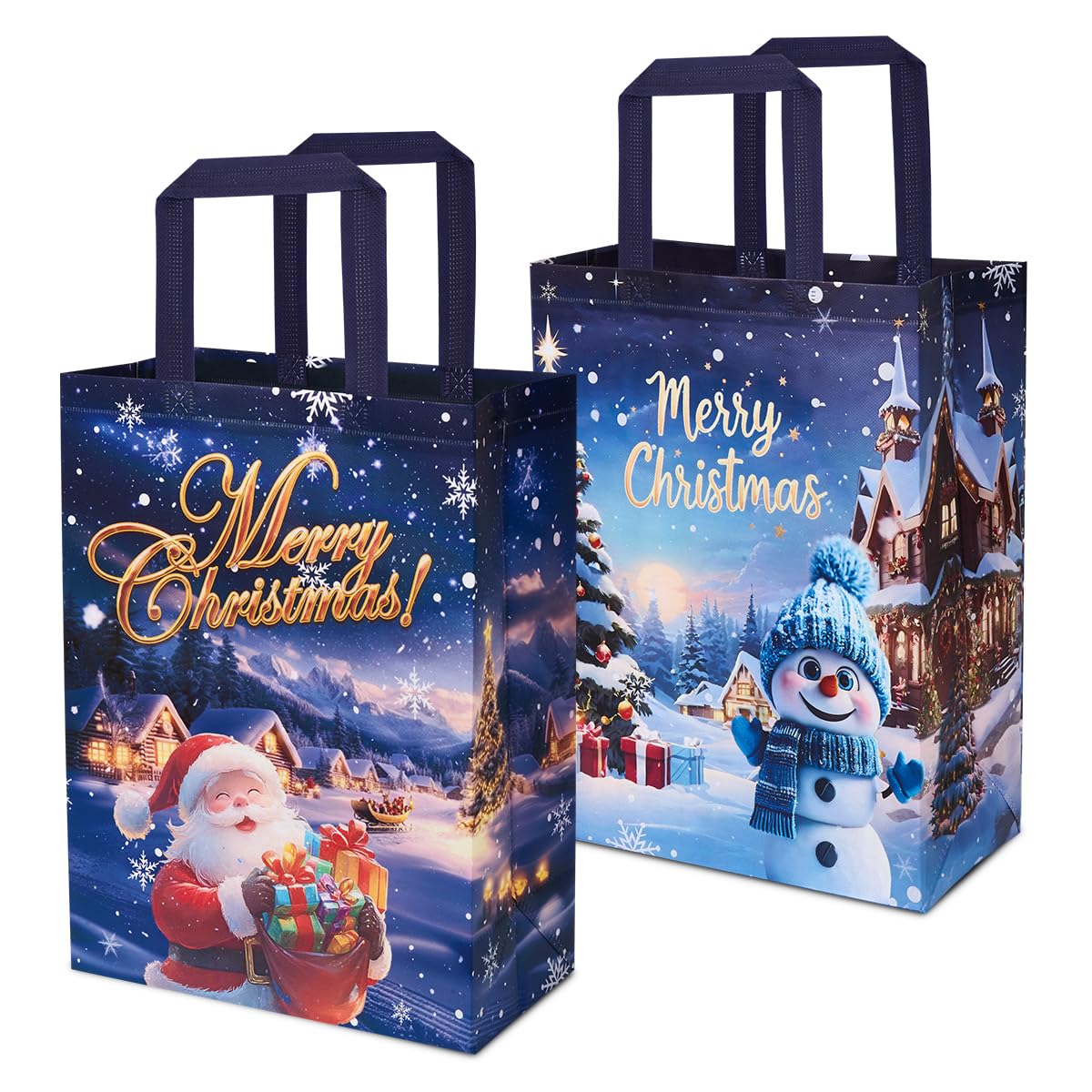 Large Christmas Tote Bags Gift Bags, 2pcs Reusable Non-woven Fabric Christmas Shopping Bags Print with Snowman and Santa Claus for Gift Wrapping Delivering